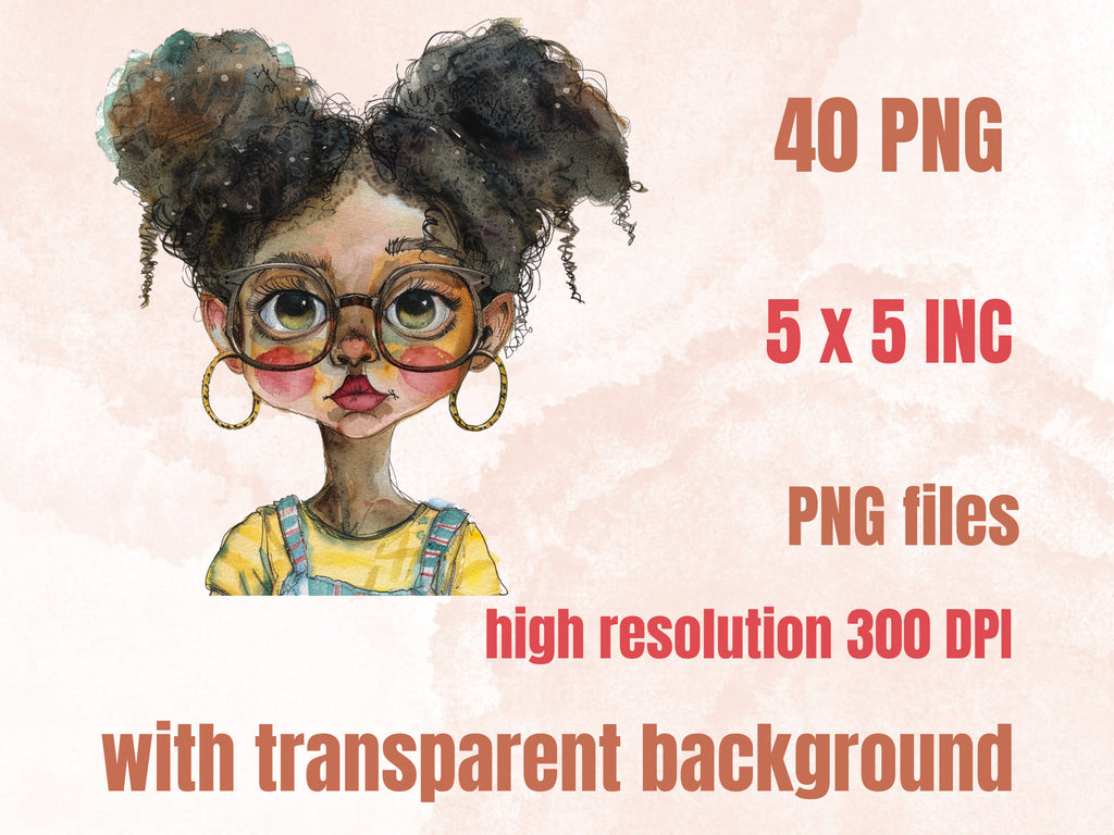40 PNG Watercolor Quirky Black Girls Clipart, Whimsical Afro Girl Illustrations Clip art, Funny Black Girls Emotions png, Quirky Sublimation