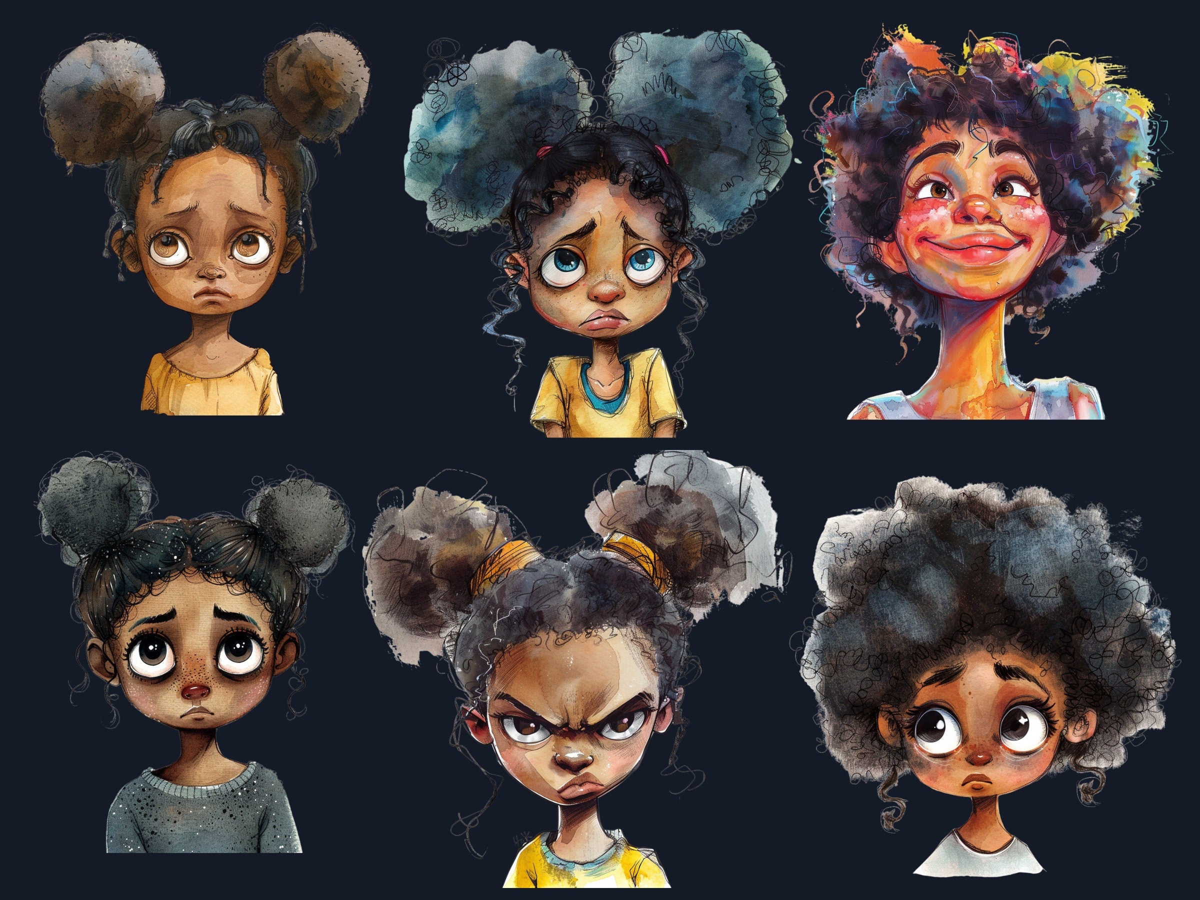 40 PNG Watercolor Quirky Black Girls Clipart, Whimsical Afro Girl Illustrations Clip art, Funny Black Girls Emotions png, Quirky Sublimation