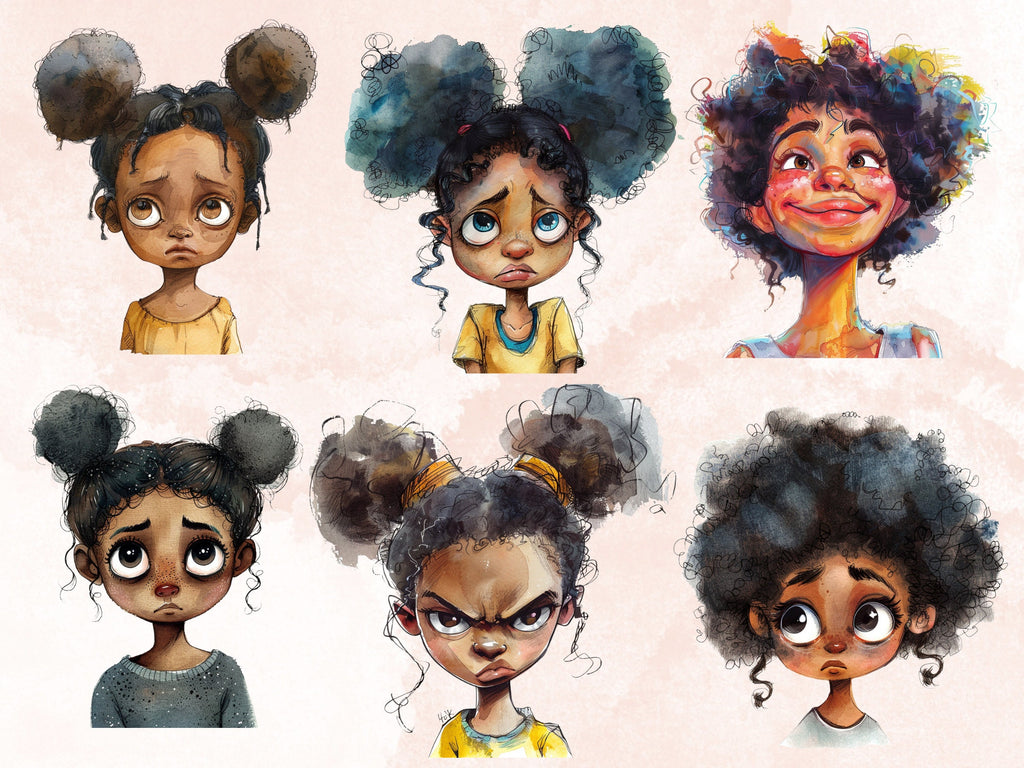 40 PNG Watercolor Quirky Black Girls Clipart, Whimsical Afro Girl Illustrations Clip art, Funny Black Girls Emotions png, Quirky Sublimation
