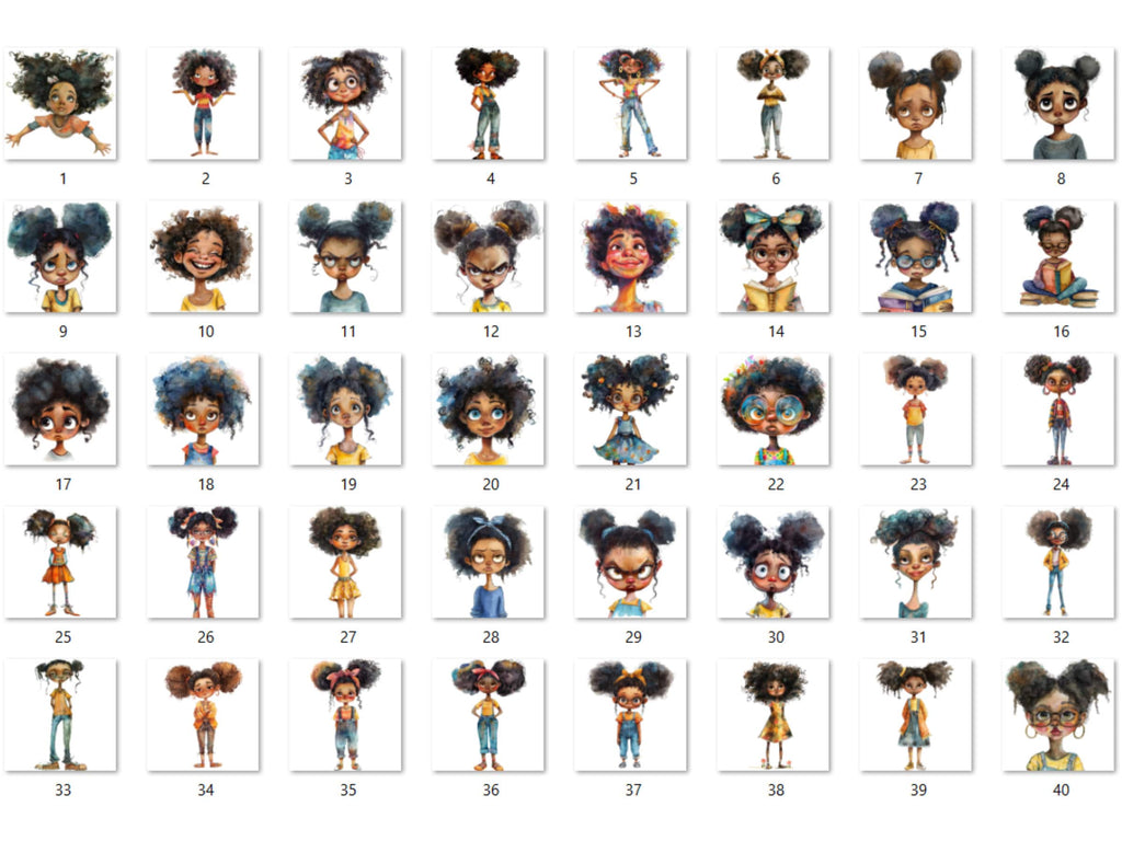40 PNG Watercolor Quirky Black Girls Clipart, Whimsical Afro Girl Illustrations Clip art, Funny Black Girls Emotions png, Quirky Sublimation