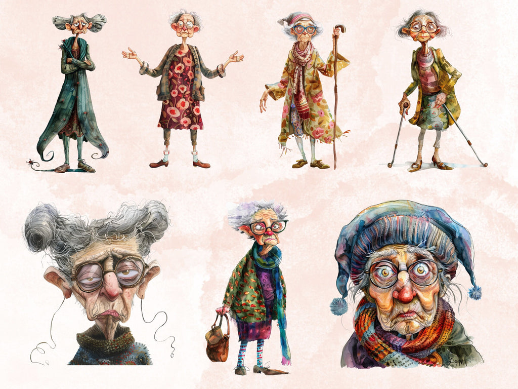35 PNG Watercolor Quirky Crazy Grandma Clipart, Whimsical Hippie Old Ladies Illustrations Clip art, Funny Elderly Woman png Sublimation