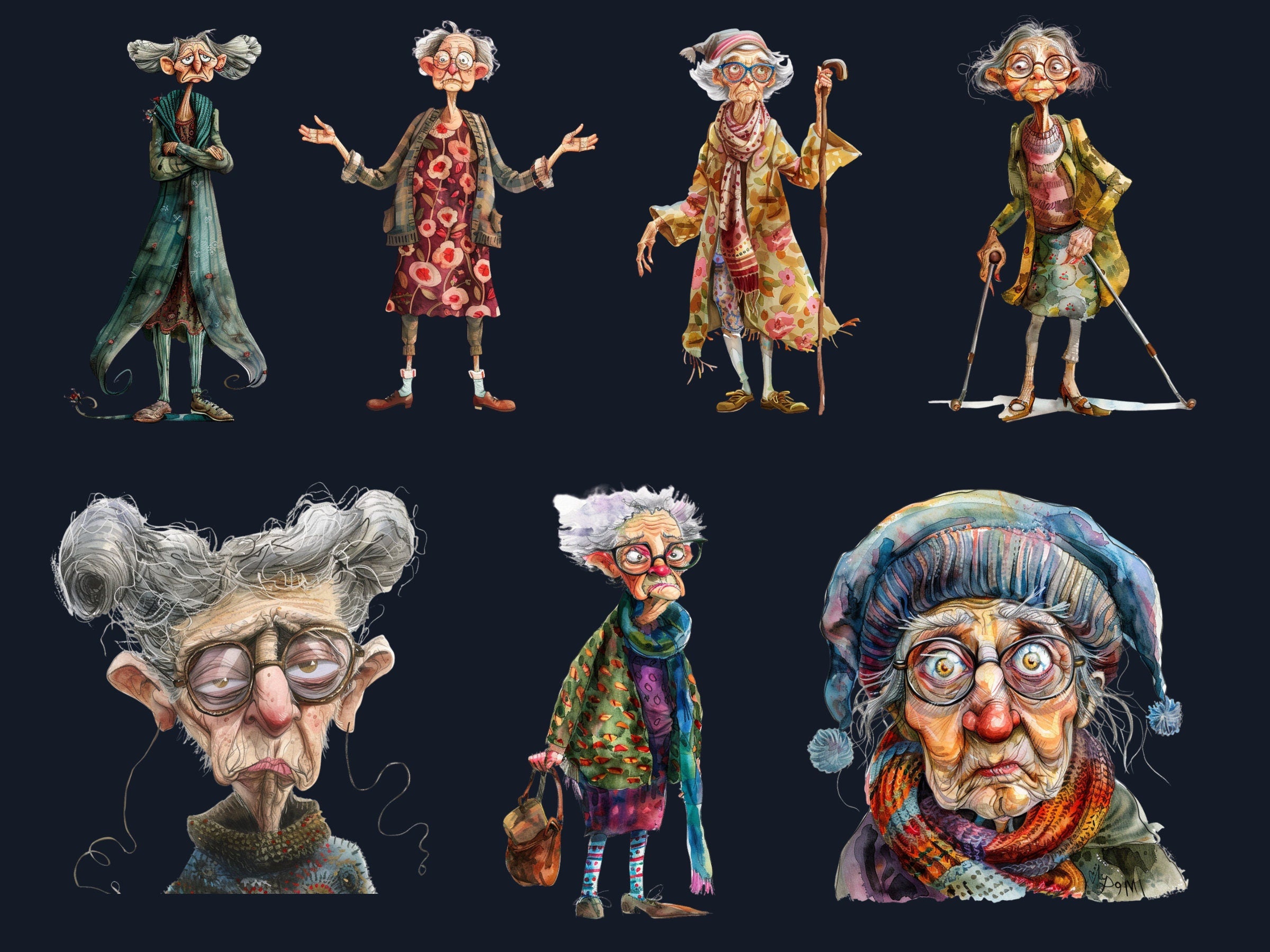 35 PNG Watercolor Quirky Crazy Grandma Clipart, Whimsical Hippie Old Ladies Illustrations Clip art, Funny Elderly Woman png Sublimation
