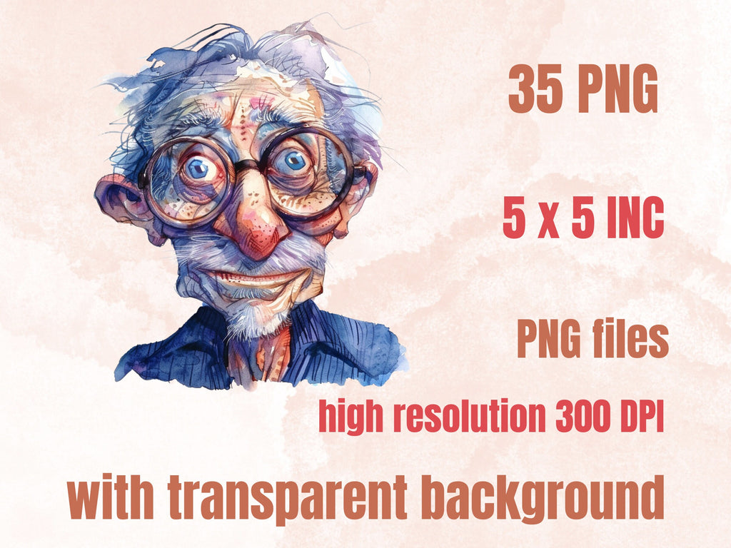 35 PNG Watercolor Quirky Crazy Grandpa Clipart, Whimsical Hippie Old Man Illustrations Clip art, Funny Elderly Man png, Quirky Sublimation