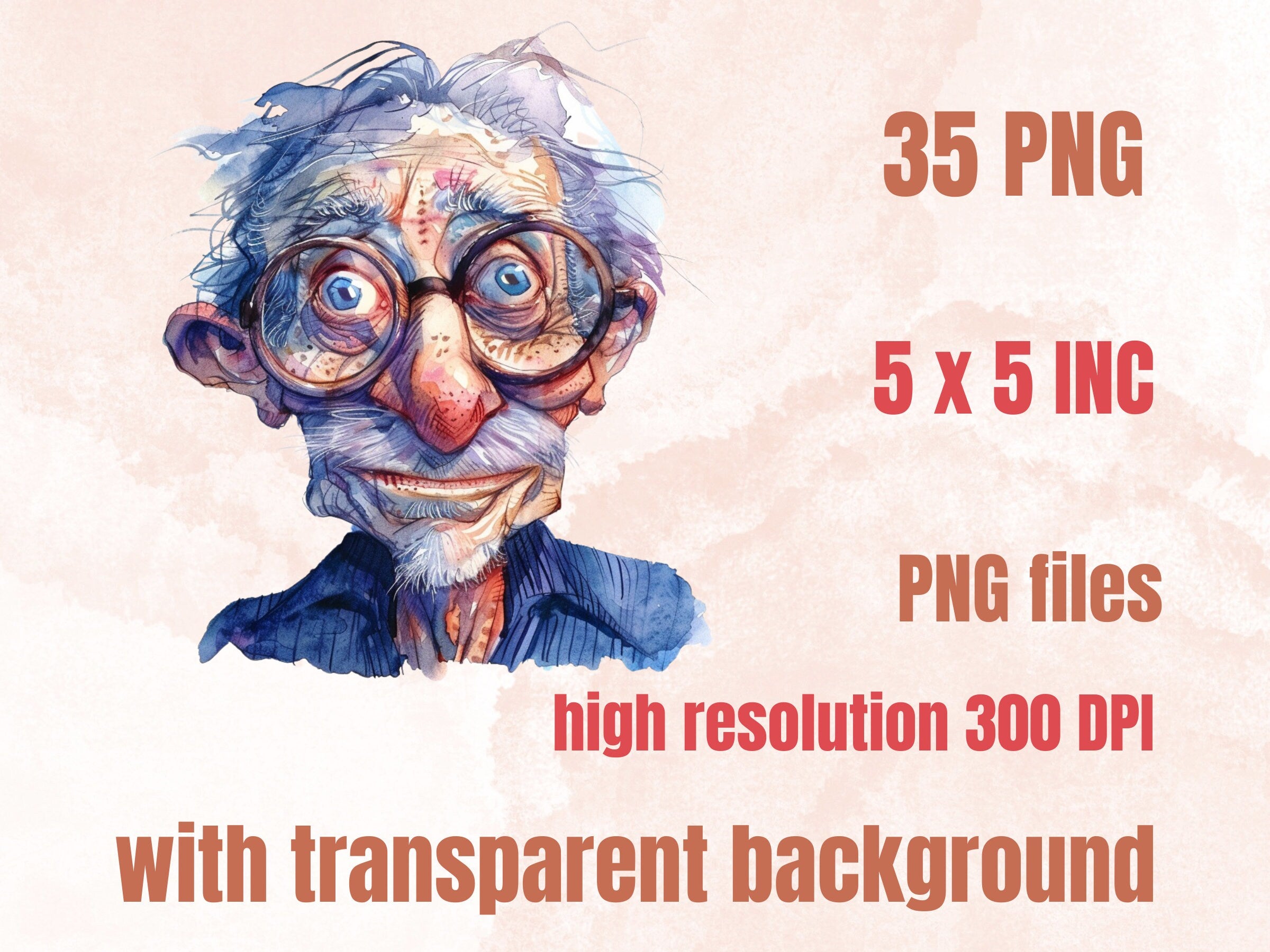 35 PNG Watercolor Quirky Crazy Grandpa Clipart, Whimsical Hippie Old Man Illustrations Clip art, Funny Elderly Man png, Quirky Sublimation