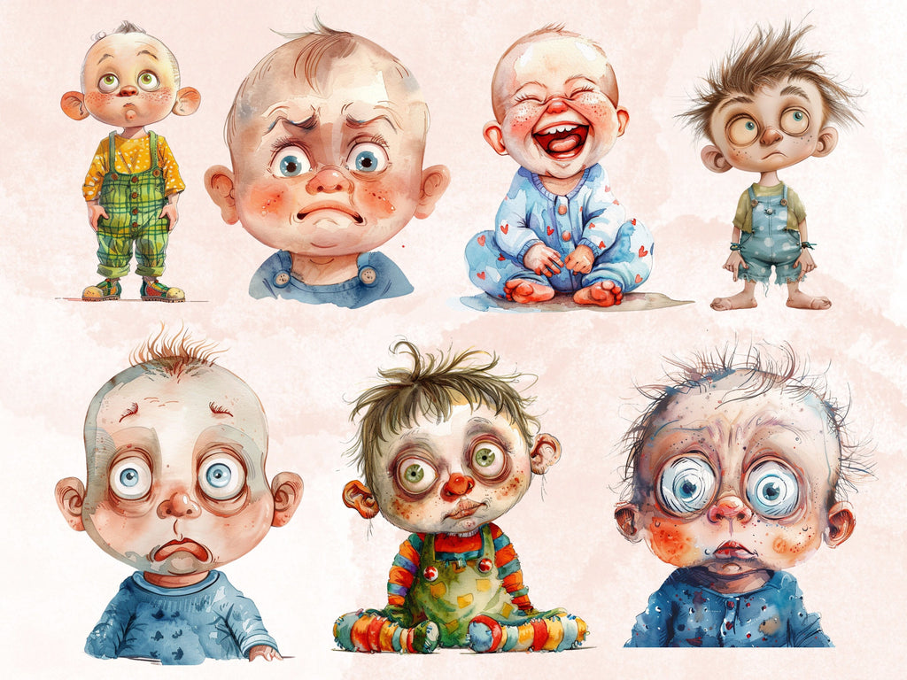 50 PNG Watercolor Quirky Babies Bundle Clipart, Whimsical Baby Illustrations Clip art, Funny Cute Baby Emotions png, Quirky Sublimation