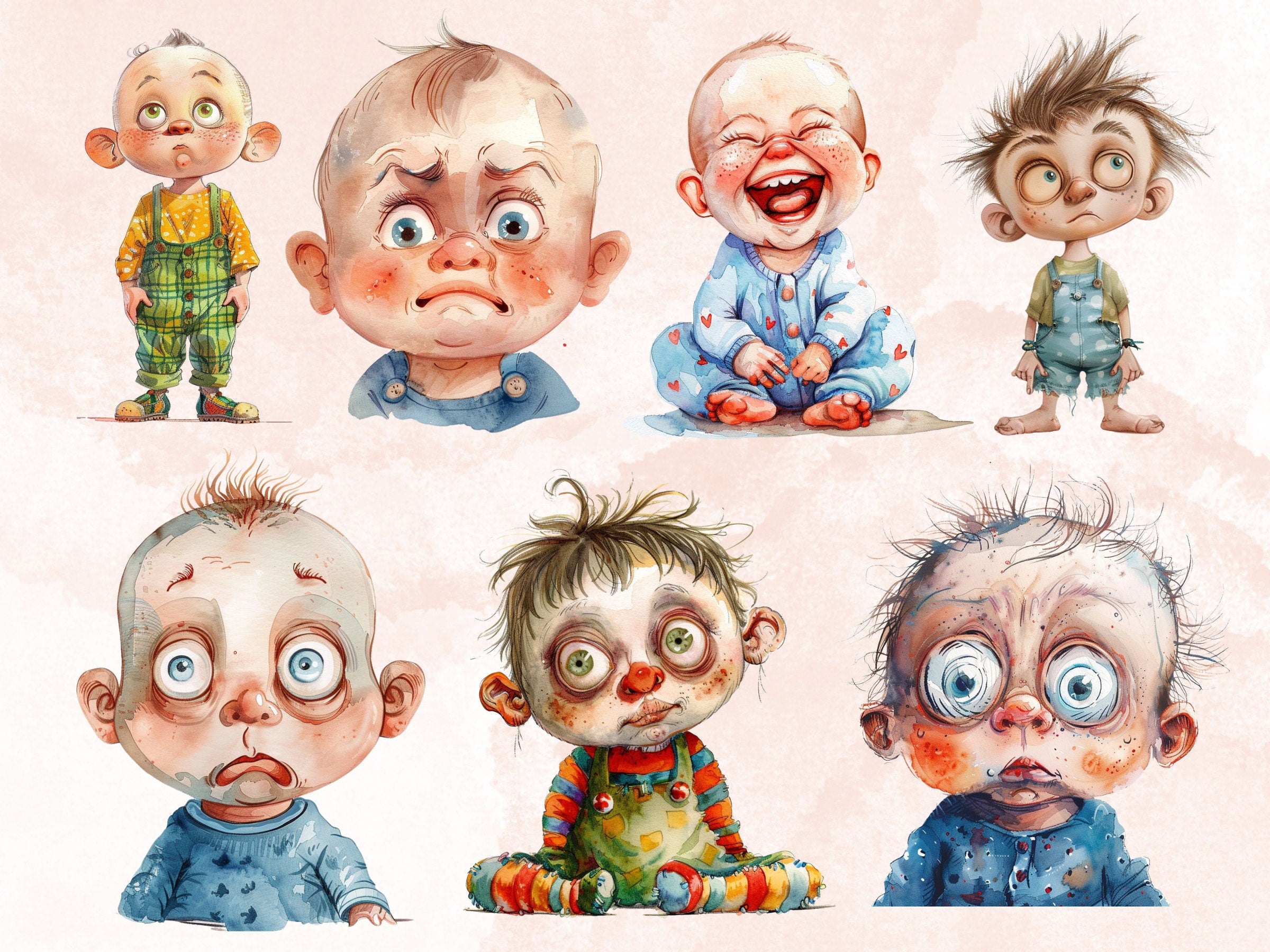 50 PNG Watercolor Quirky Babies Bundle Clipart, Whimsical Baby Illustrations Clip art, Funny Cute Baby Emotions png, Quirky Sublimation