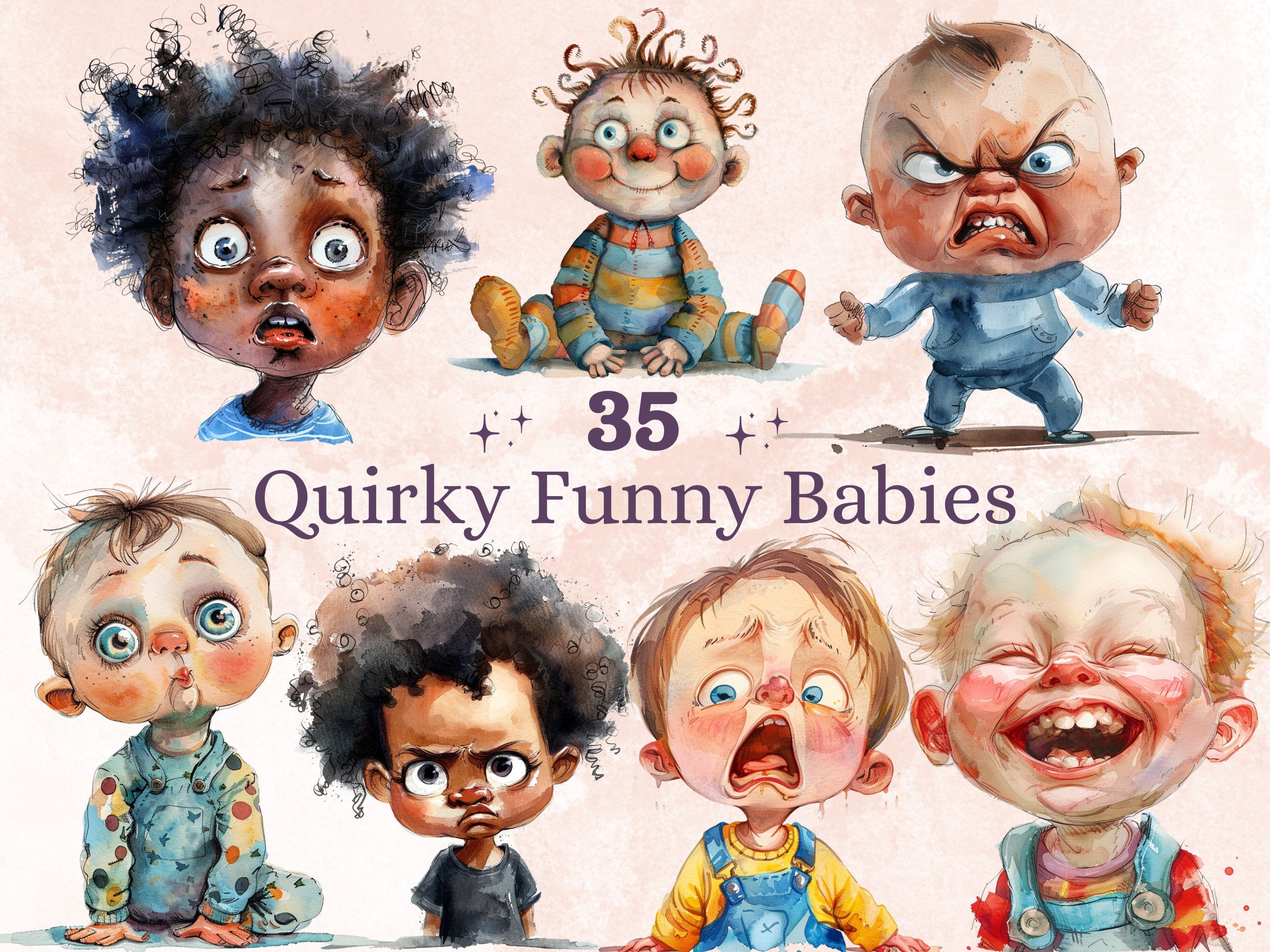 50 PNG Watercolor Quirky Babies Bundle Clipart, Whimsical Baby Illustrations Clip art, Funny Cute Baby Emotions png, Quirky Sublimation