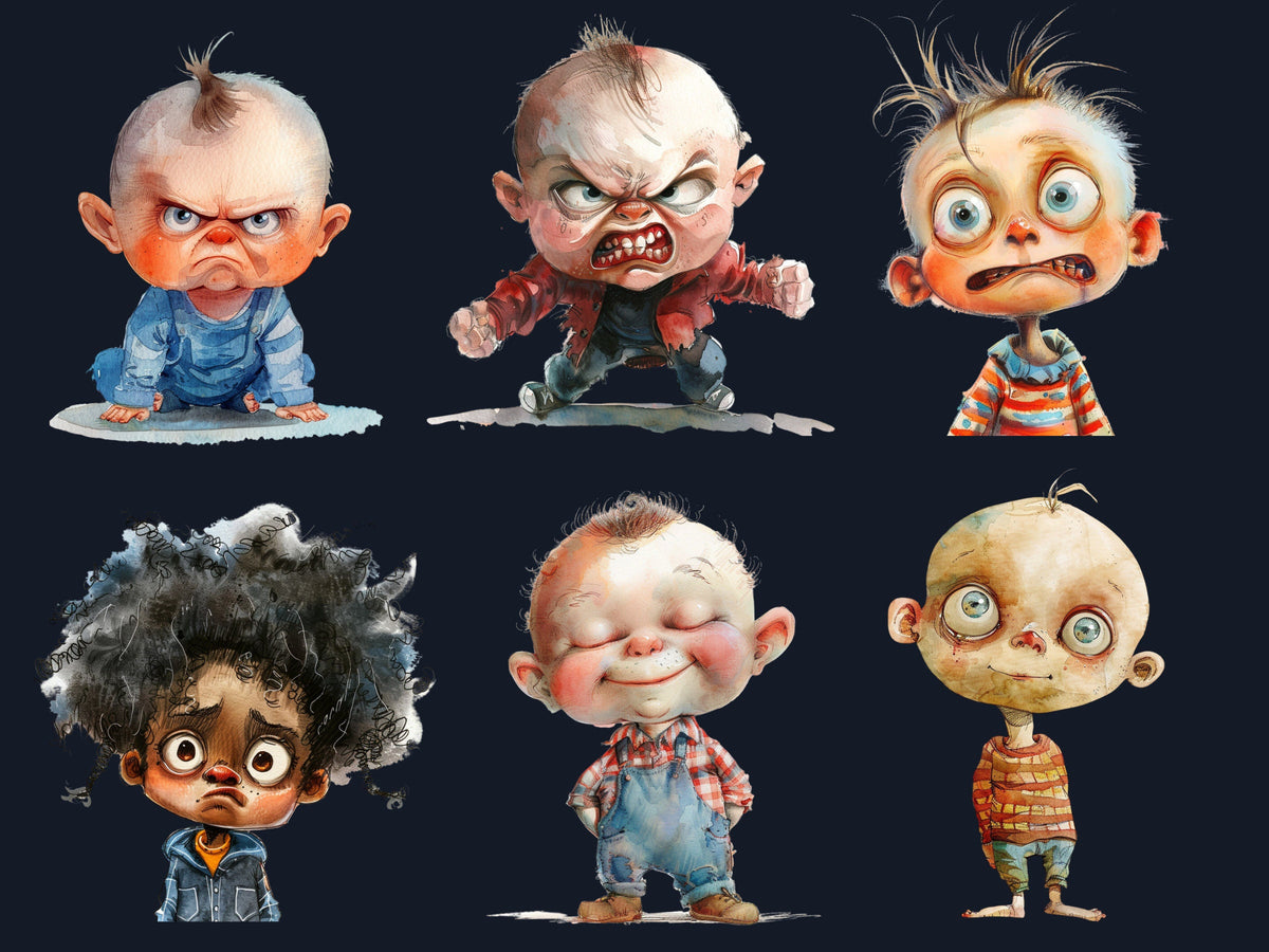 50 PNG Watercolor Quirky Babies Bundle Clipart, Whimsical Baby Illustrations Clip art, Funny Cute Baby Emotions png, Quirky Sublimation