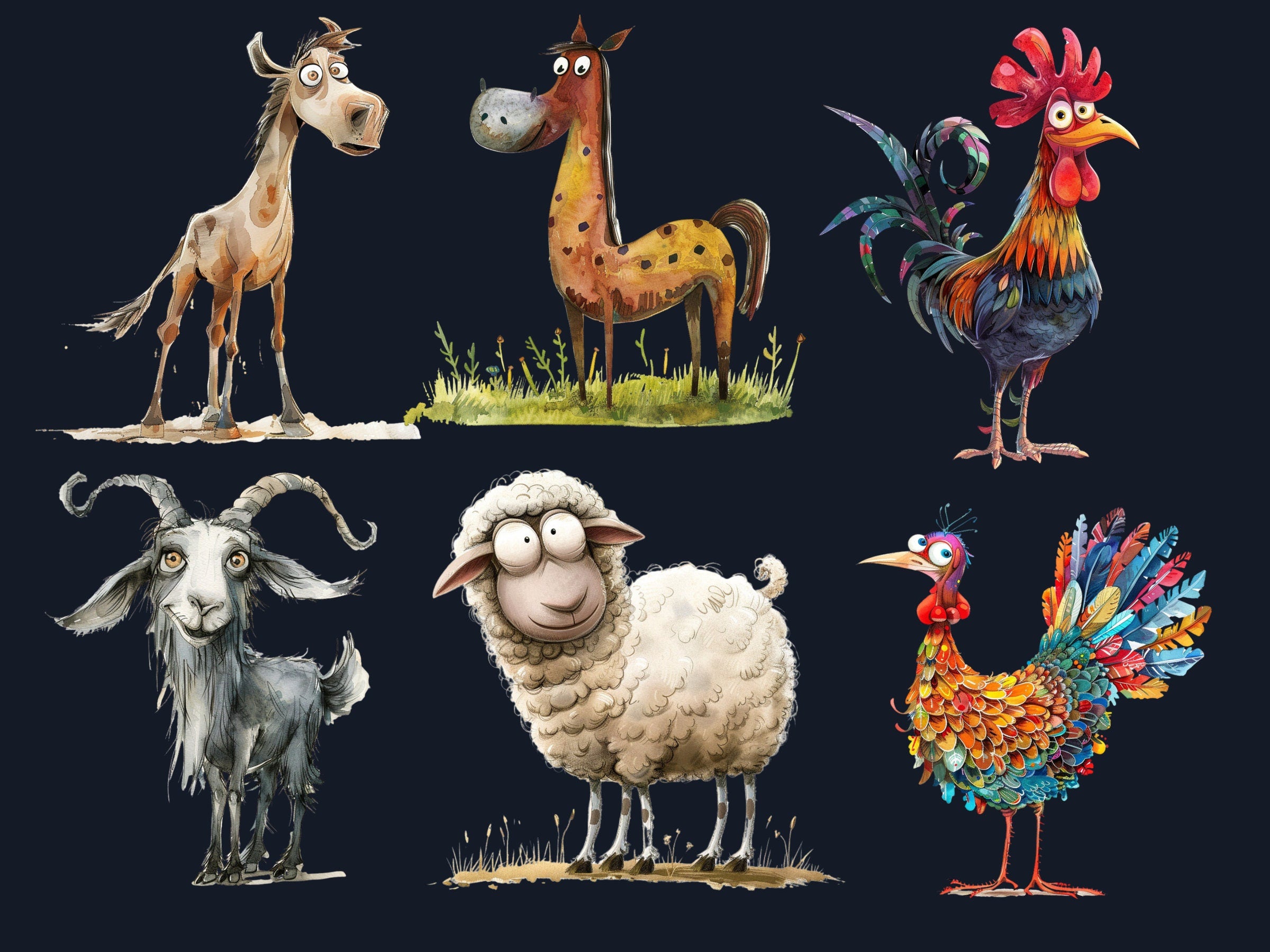 50 PNG Watercolor Quirky Farm Animals Clipart, Whimsical Farm Illustrations Clip art, Funny Little Animal Emotions png, Quirky Sublimation