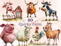 50 PNG Watercolor Quirky Farm Animals Clipart, Whimsical Farm Illustrations Clip art, Funny Little Animal Emotions png, Quirky Sublimation