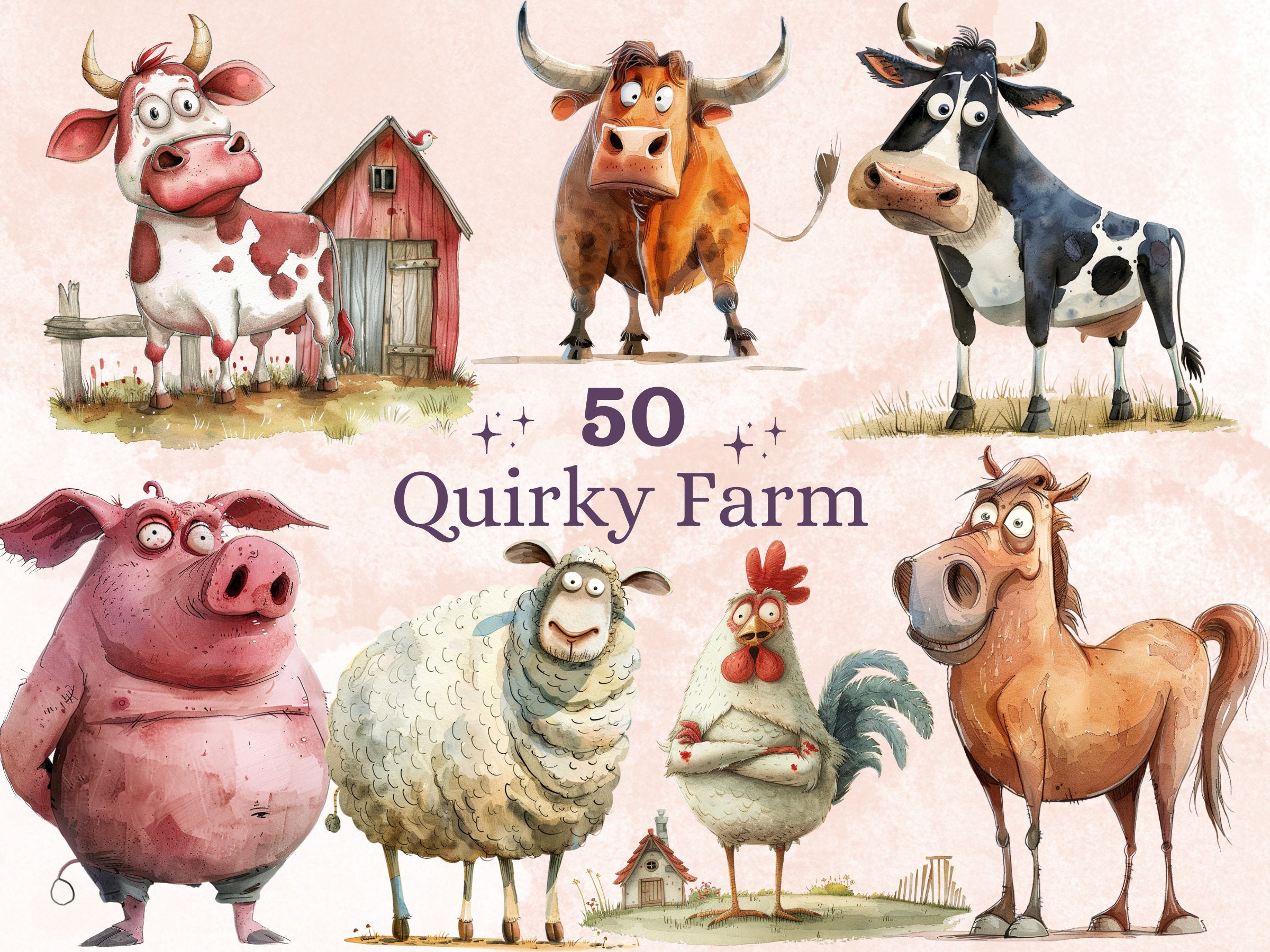 50 PNG Watercolor Quirky Farm Animals Clipart, Whimsical Farm Illustrations Clip art, Funny Little Animal Emotions png, Quirky Sublimation