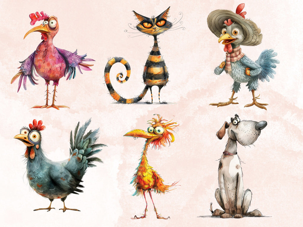50 PNG Watercolor Quirky Farm Animals Clipart, Whimsical Farm Illustrations Clip art, Funny Little Animal Emotions png, Quirky Sublimation