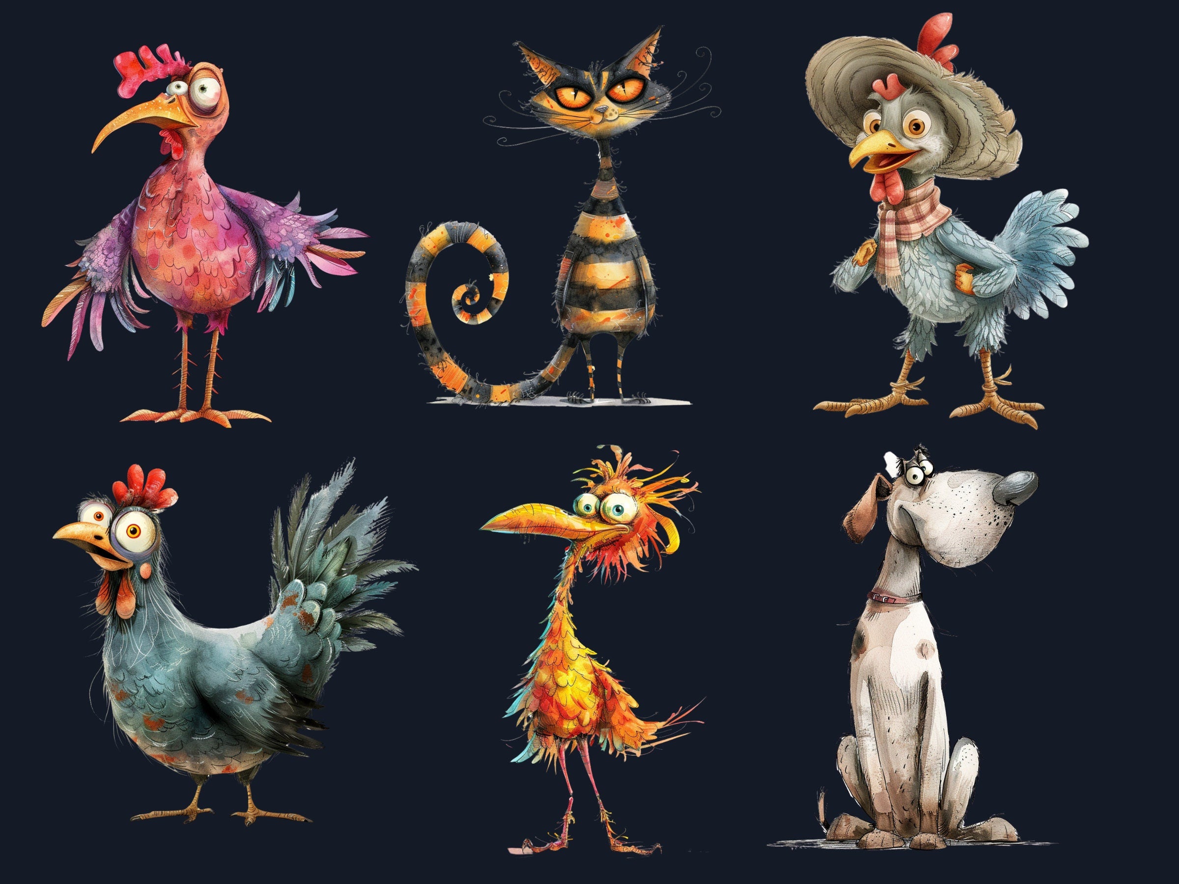 50 PNG Watercolor Quirky Farm Animals Clipart, Whimsical Farm Illustrations Clip art, Funny Little Animal Emotions png, Quirky Sublimation