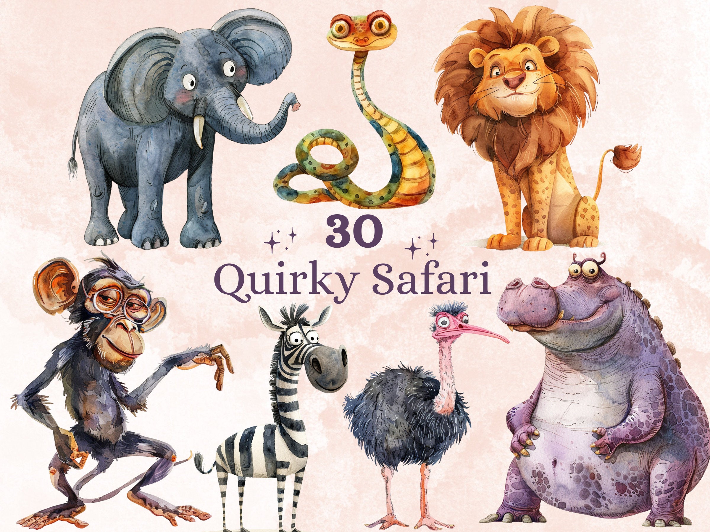 30 PNG Watercolor Quirky Safari Animals Clipart, Whimsical Jungle Illustrations Clip art, Funny Wild Animal Emotions png, Quirky Sublimation