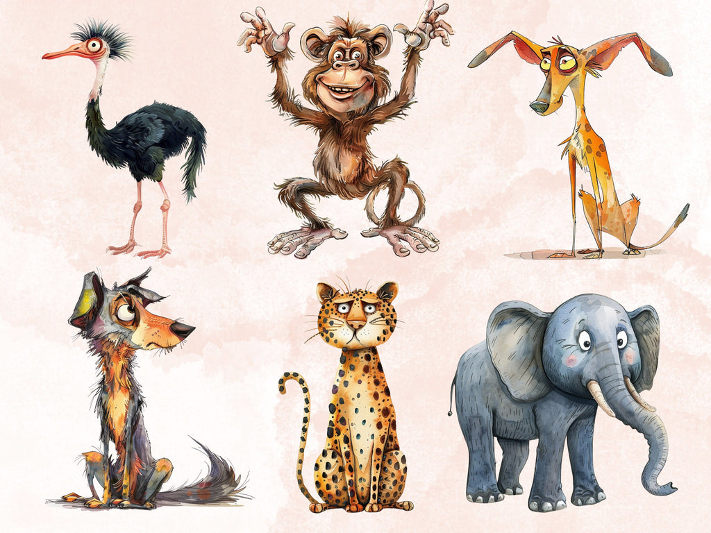 30 PNG Watercolor Quirky Safari Animals Clipart, Whimsical Jungle Illustrations Clip art, Funny Wild Animal Emotions png, Quirky Sublimation