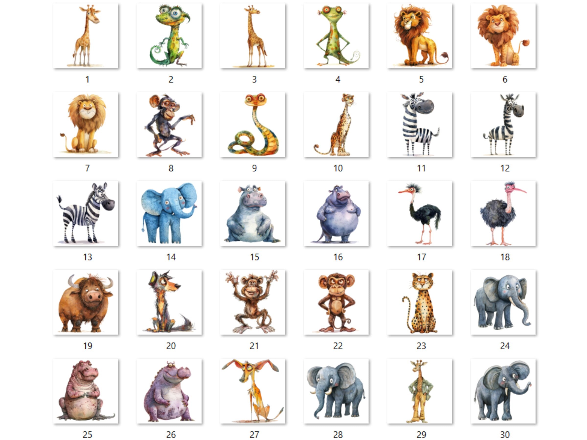 30 PNG Watercolor Quirky Safari Animals Clipart, Whimsical Jungle Illustrations Clip art, Funny Wild Animal Emotions png, Quirky Sublimation