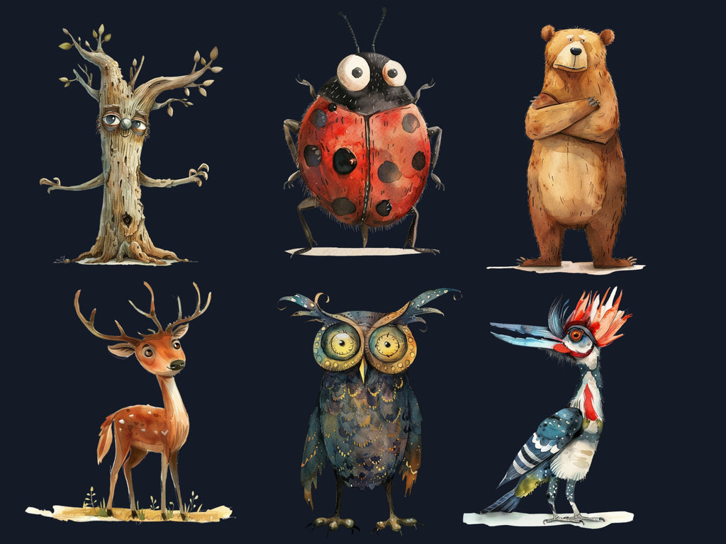 40 PNG Watercolor Quirky Woodland Animals Clipart, Whimsical Forest Illustrations Clip art, Funny Animal Emotions png, Quirky Sublimation