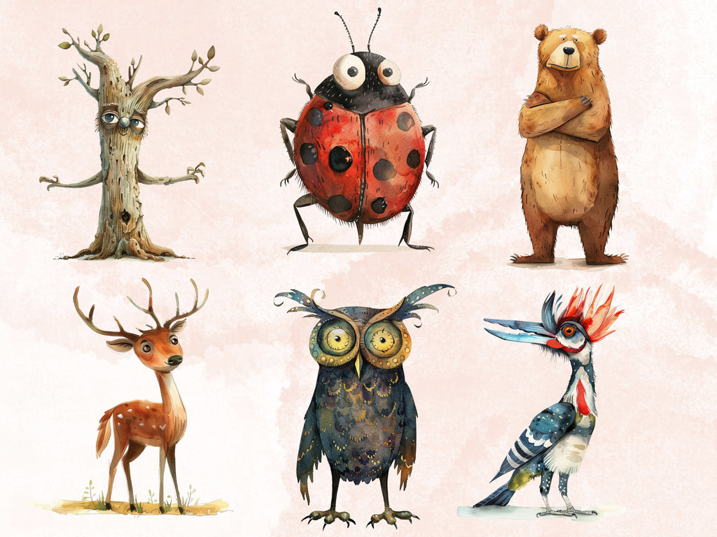 40 PNG Watercolor Quirky Woodland Animals Clipart, Whimsical Forest Illustrations Clip art, Funny Animal Emotions png, Quirky Sublimation