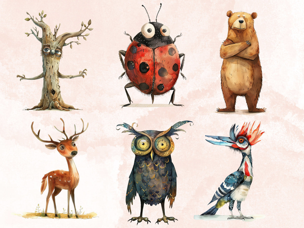 40 PNG Watercolor Quirky Woodland Animals Clipart, Whimsical Forest Illustrations Clip art, Funny Animal Emotions png, Quirky Sublimation