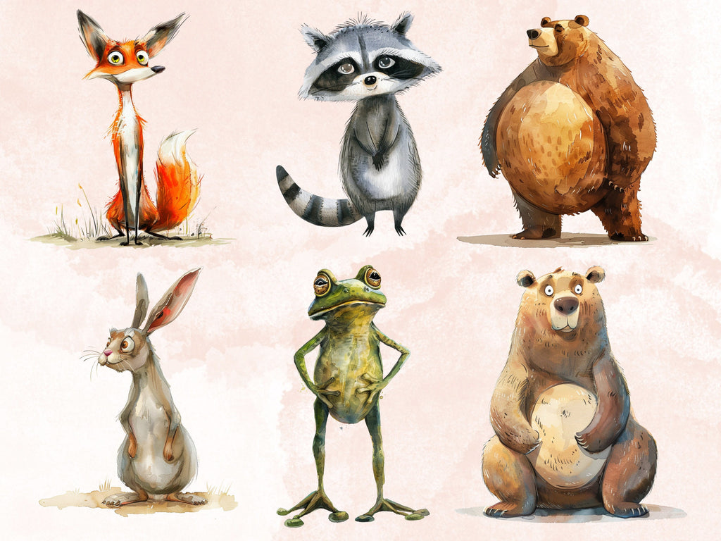 40 PNG Watercolor Quirky Woodland Animals Clipart, Whimsical Forest Illustrations Clip art, Funny Animal Emotions png, Quirky Sublimation