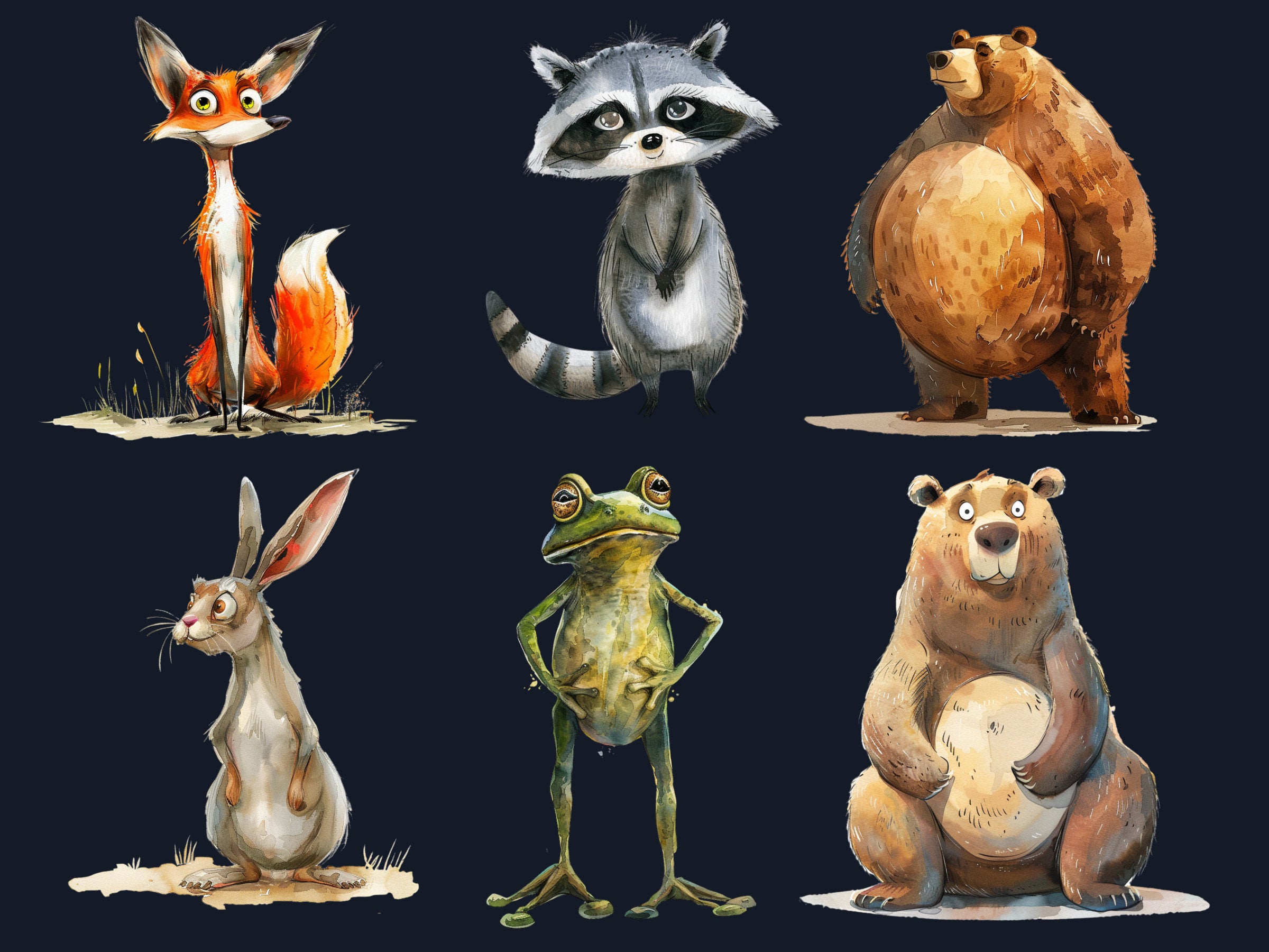 40 PNG Watercolor Quirky Woodland Animals Clipart, Whimsical Forest Illustrations Clip art, Funny Animal Emotions png, Quirky Sublimation