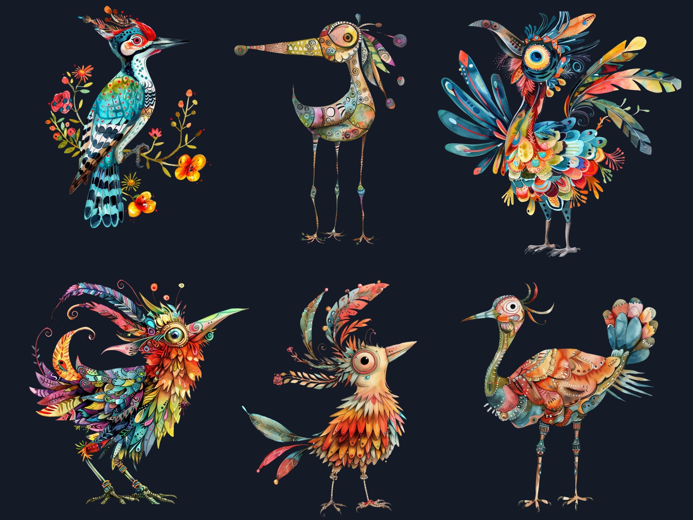 45 PNG Watercolor Quirky Birds Clipart, Whimsical Crazy Birds Illustrations Clip art, Funny Cartoon Bird Emotions png, Quirky Sublimation