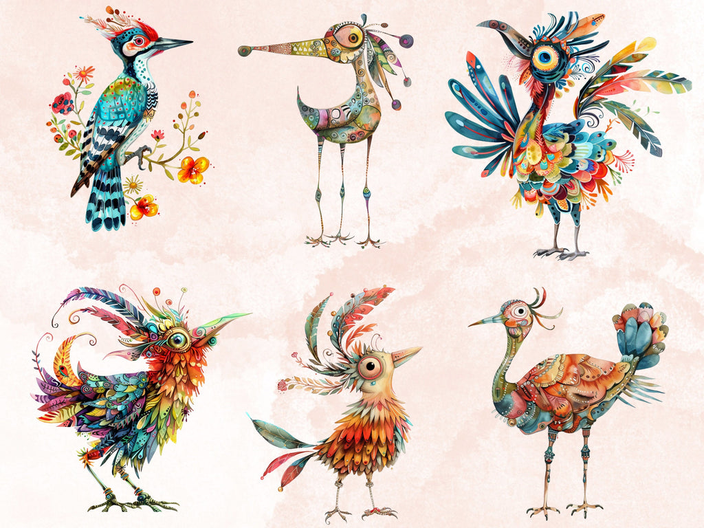 45 PNG Watercolor Quirky Birds Clipart, Whimsical Crazy Birds Illustrations Clip art, Funny Cartoon Bird Emotions png, Quirky Sublimation