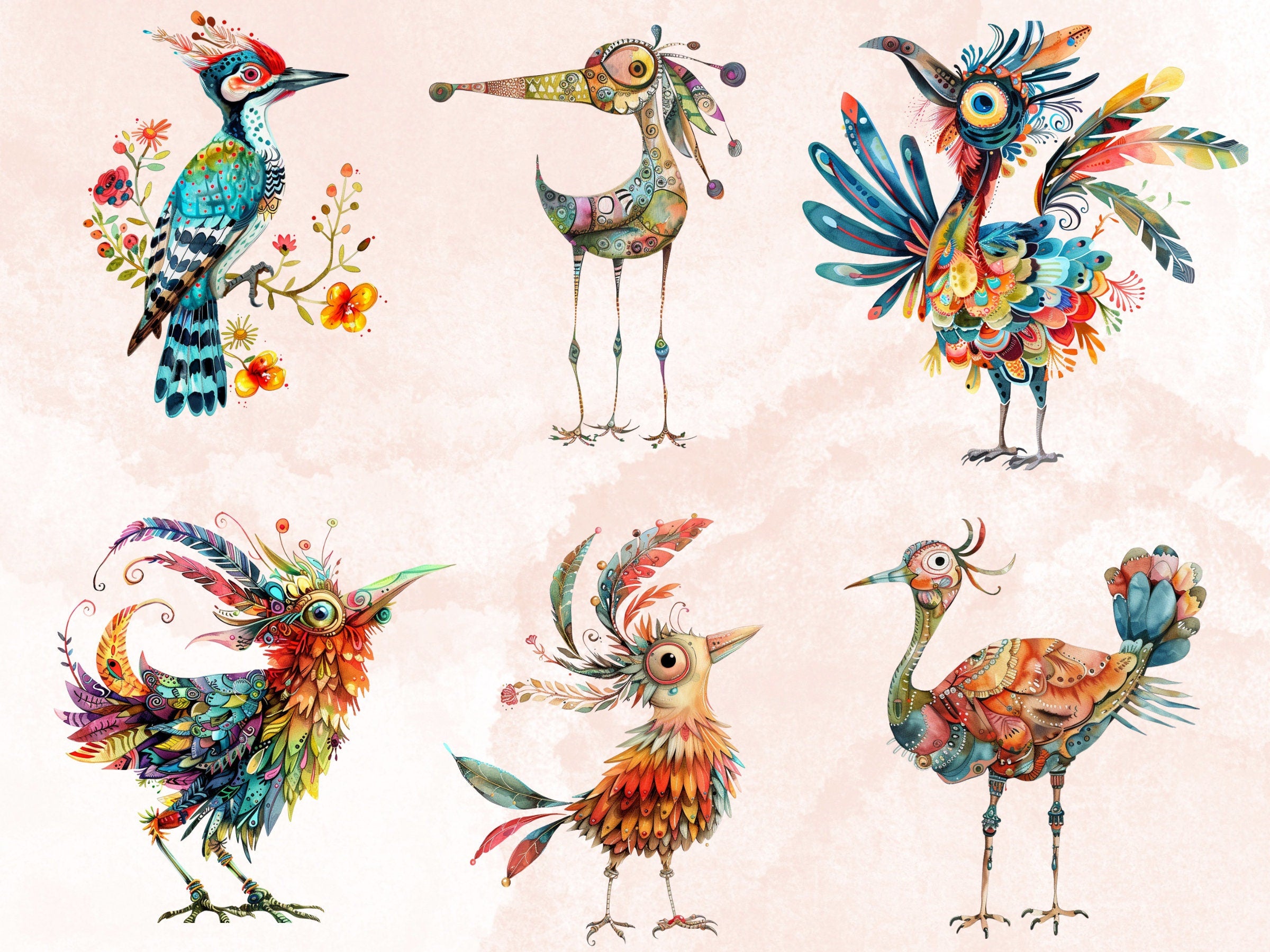 45 PNG Watercolor Quirky Birds Clipart, Whimsical Crazy Birds Illustrations Clip art, Funny Cartoon Bird Emotions png, Quirky Sublimation