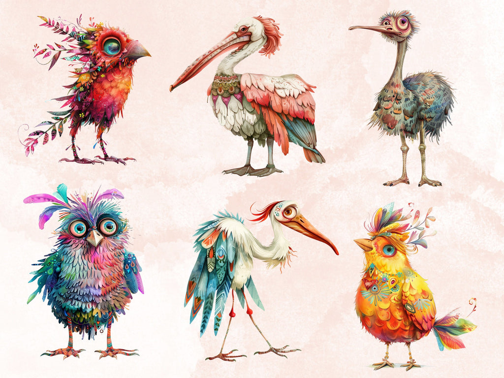 45 PNG Watercolor Quirky Birds Clipart, Whimsical Crazy Birds Illustrations Clip art, Funny Cartoon Bird Emotions png, Quirky Sublimation