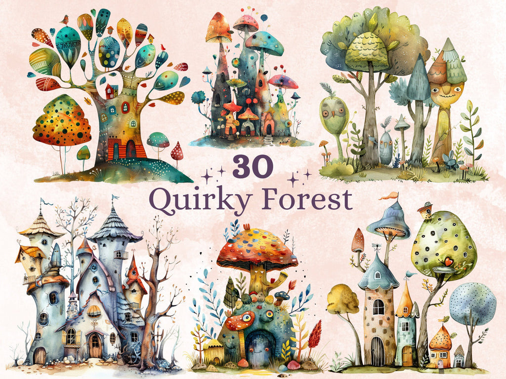 30 PNG Watercolor Quirky Forest Clipart, Whimsical Mushroom Illustrations Clip art, Funny Woodland Scenes png, Quirky Botanical Sublimation
