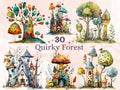 30 PNG Watercolor Quirky Forest Clipart, Whimsical Mushroom Illustrations Clip art, Funny Woodland Scenes png, Quirky Botanical Sublimation