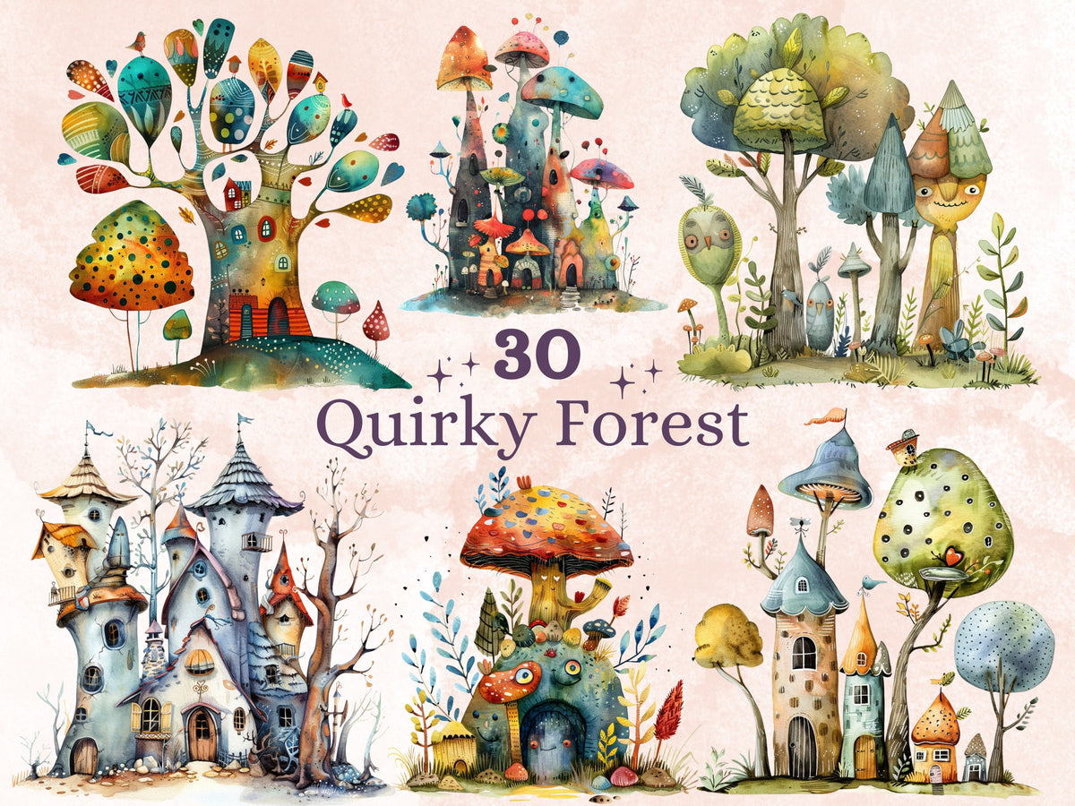 30 PNG Watercolor Quirky Forest Clipart, Whimsical Mushroom Illustrations Clip art, Funny Woodland Scenes png, Quirky Botanical Sublimation
