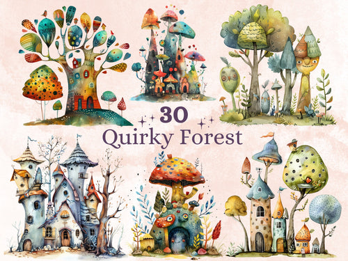 30 PNG Watercolor Quirky Forest Clipart, Whimsical Mushroom Illustrations Clip art, Funny Woodland Scenes png, Quirky Botanical Sublimation