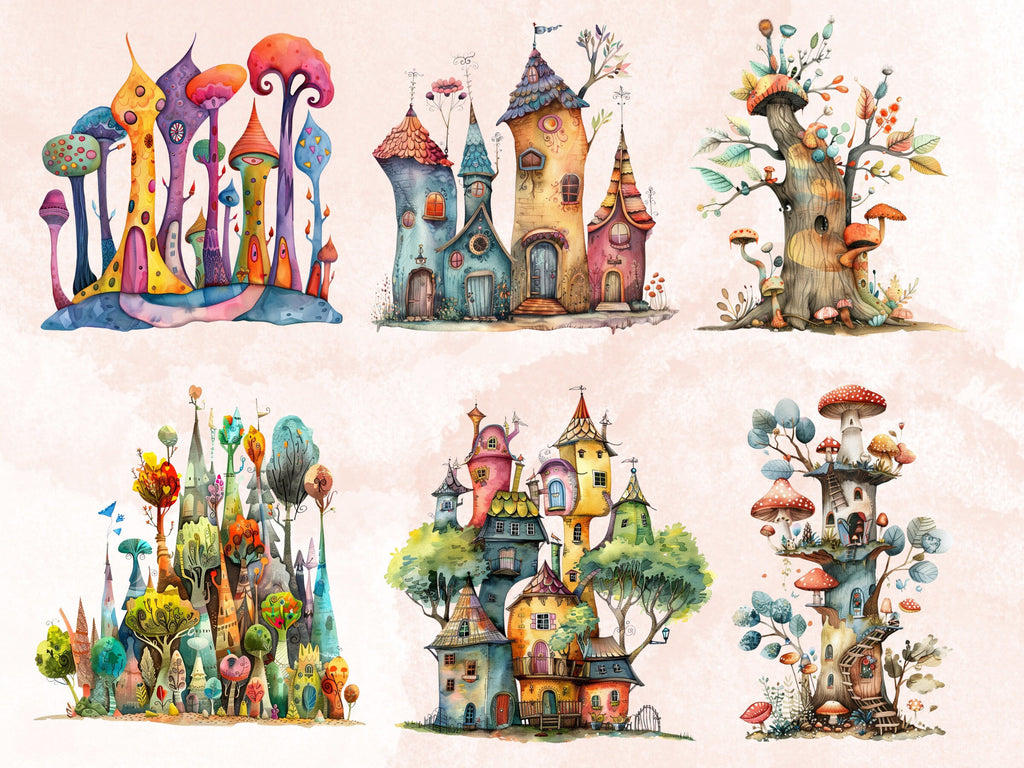 30 PNG Watercolor Quirky Forest Clipart, Whimsical Mushroom Illustrations Clip art, Funny Woodland Scenes png, Quirky Botanical Sublimation