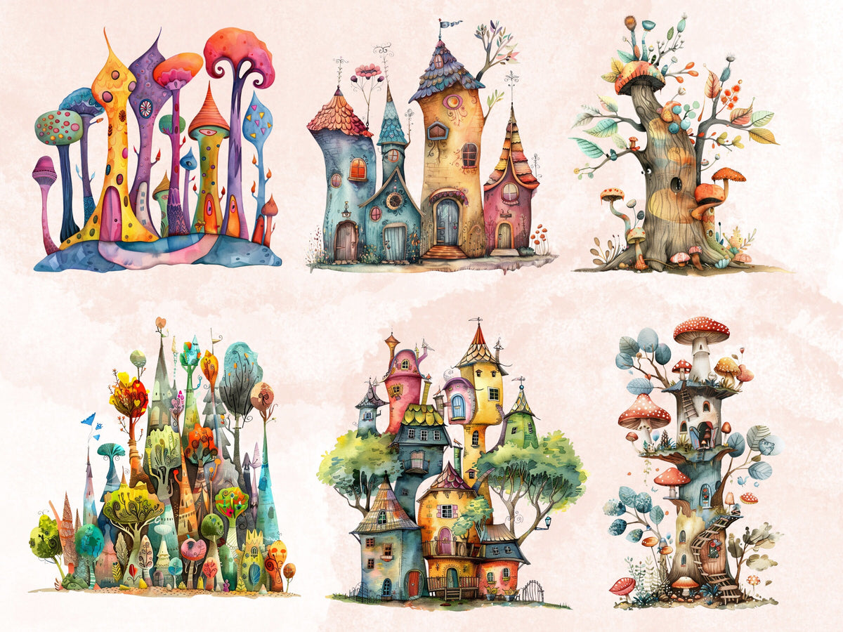 30 PNG Watercolor Quirky Forest Clipart, Whimsical Mushroom Illustrations Clip art, Funny Woodland Scenes png, Quirky Botanical Sublimation
