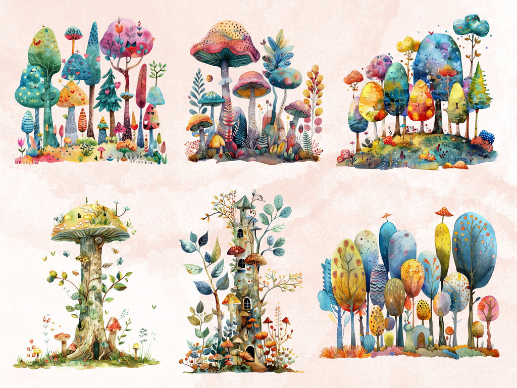 30 PNG Watercolor Quirky Forest Clipart, Whimsical Mushroom Illustrations Clip art, Funny Woodland Scenes png, Quirky Botanical Sublimation