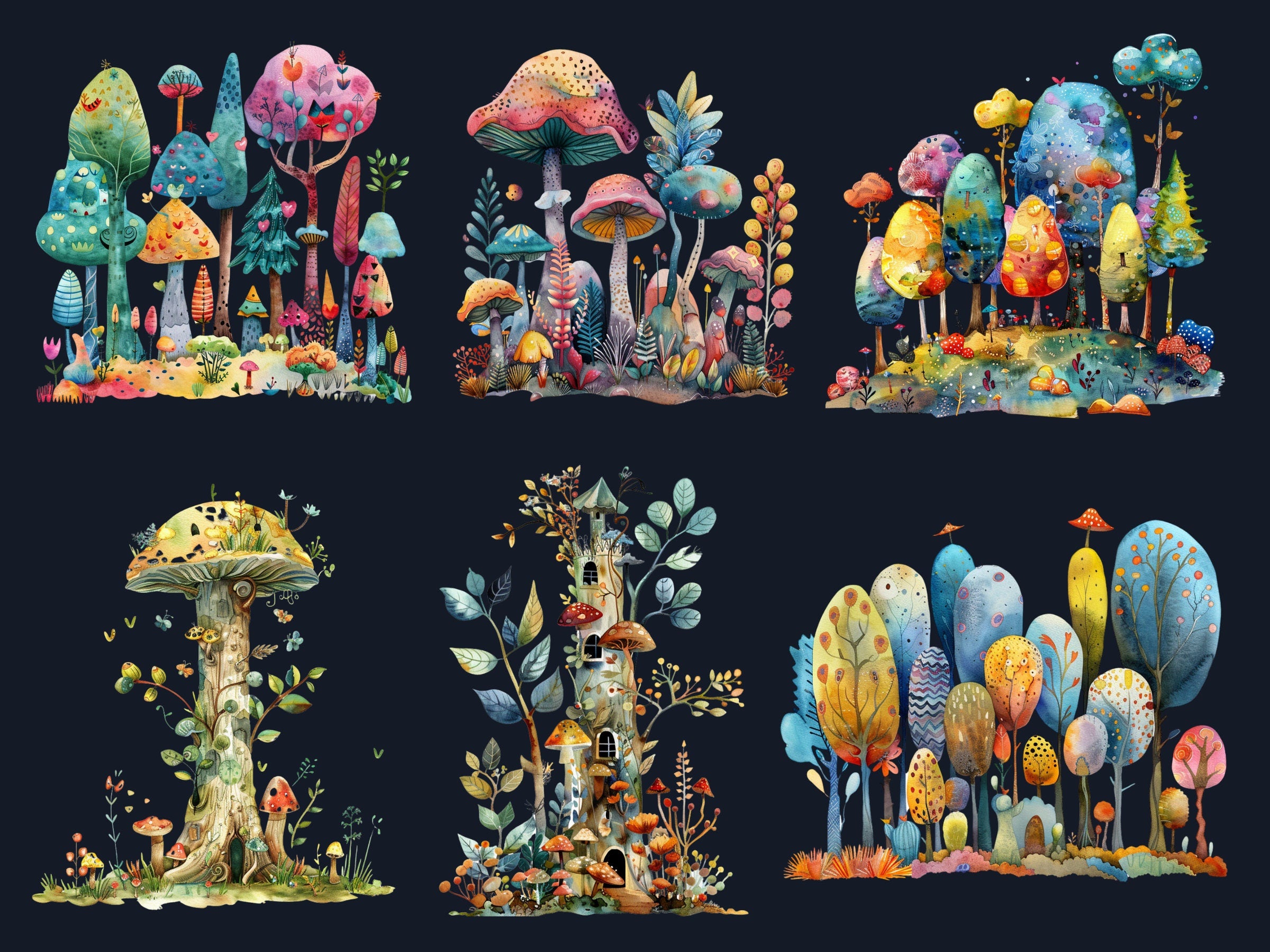 30 PNG Watercolor Quirky Forest Clipart, Whimsical Mushroom Illustrations Clip art, Funny Woodland Scenes png, Quirky Botanical Sublimation