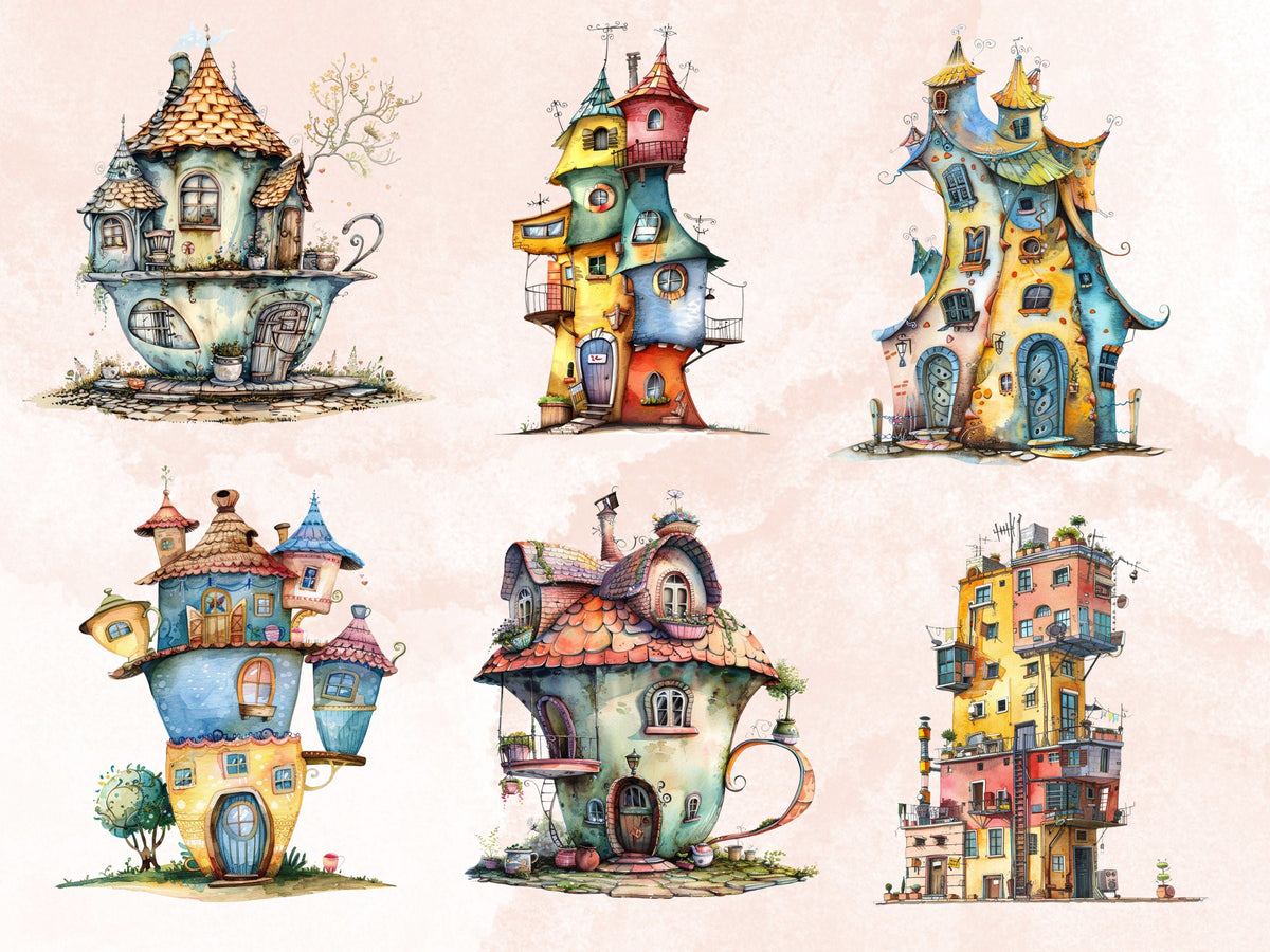 50 PNG Watercolor Quirky House Clipart, Whimsical Mushroom House Illustrations Clip art, Teapot Fairy House png, Cute Apartment Sublimation