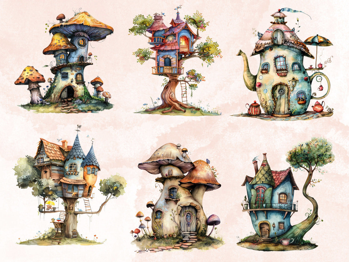 50 PNG Watercolor Quirky House Clipart, Whimsical Mushroom House Illustrations Clip art, Teapot Fairy House png, Cute Apartment Sublimation