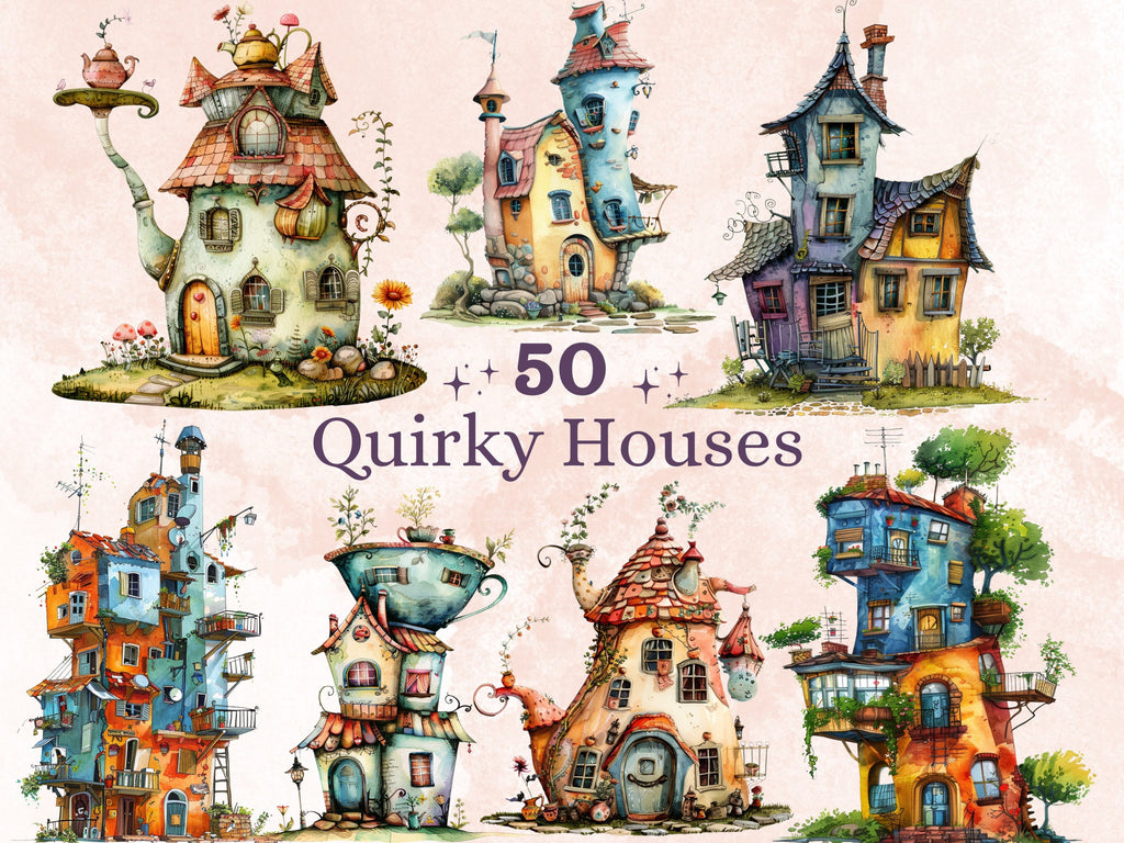 50 PNG Watercolor Quirky House Clipart, Whimsical Mushroom House Illustrations Clip art, Teapot Fairy House png, Cute Apartment Sublimation