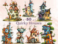 50 PNG Watercolor Quirky House Clipart, Whimsical Mushroom House Illustrations Clip art, Teapot Fairy House png, Cute Apartment Sublimation