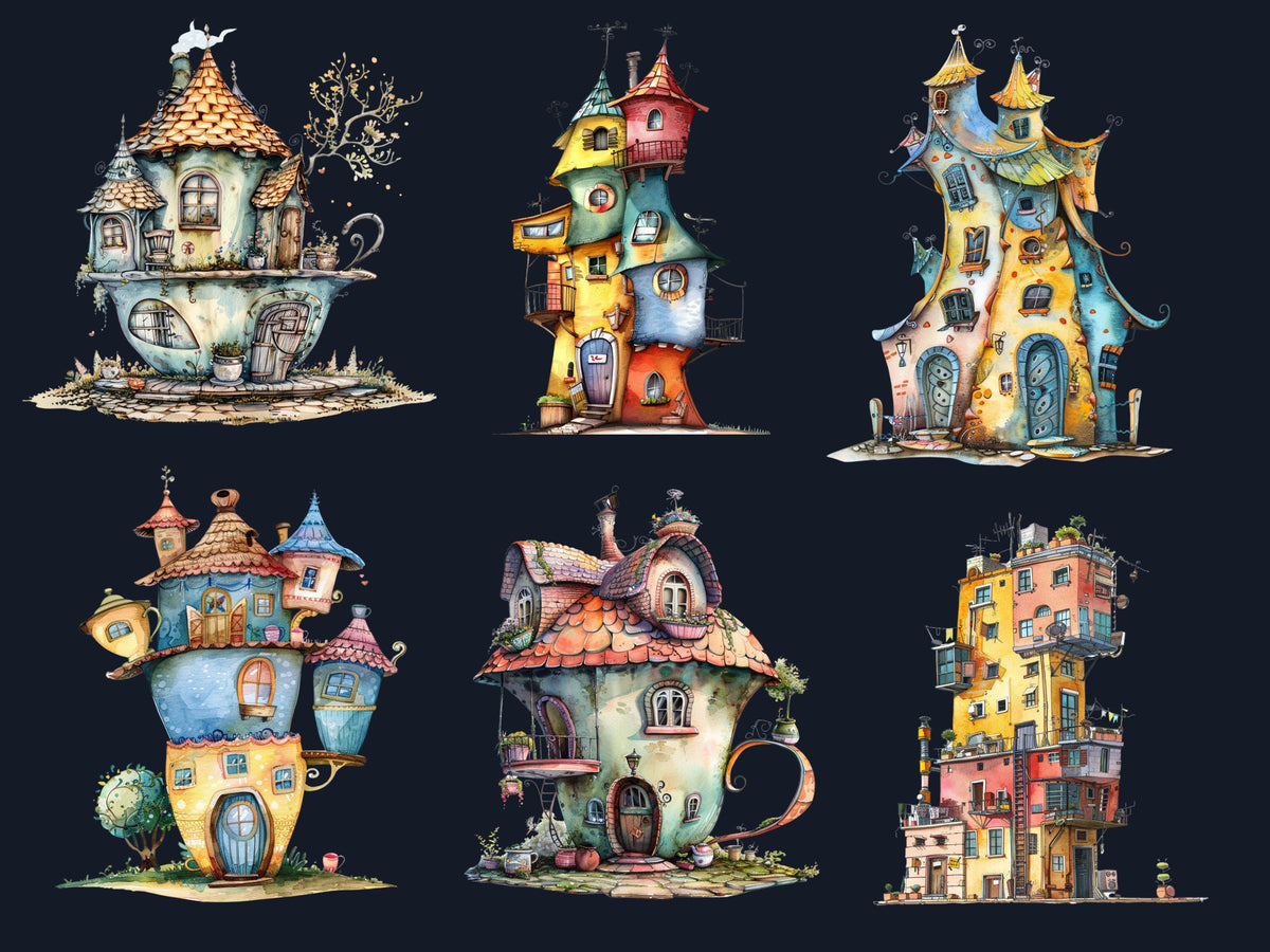 50 PNG Watercolor Quirky House Clipart, Whimsical Mushroom House Illustrations Clip art, Teapot Fairy House png, Cute Apartment Sublimation