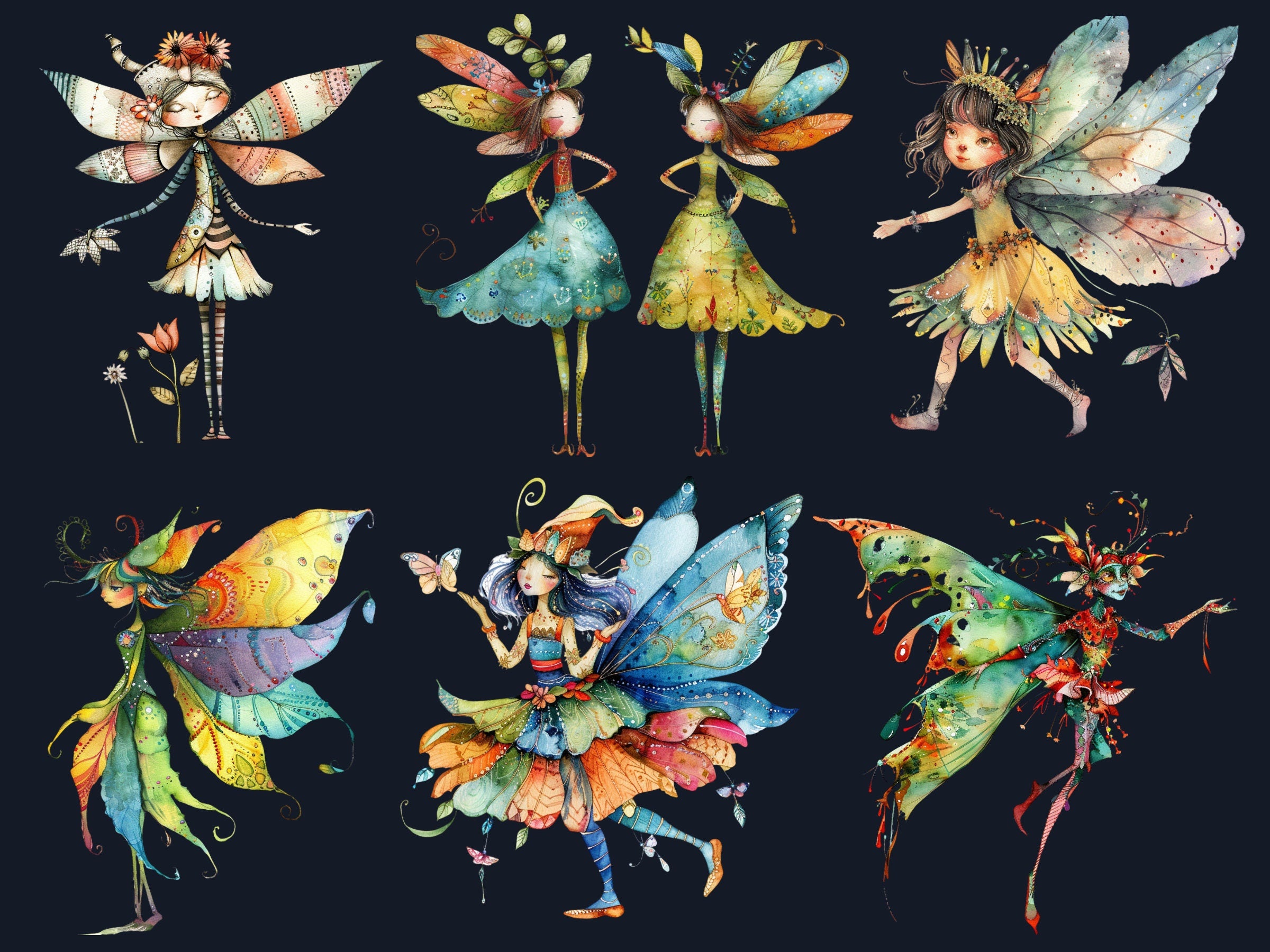 35 PNG Watercolor Quirky Fairy Bundle Clipart, Whimsical Fairy Girl Illustrations Clip art, Funny Garden Fairy png, Quirky Elf Sublimation