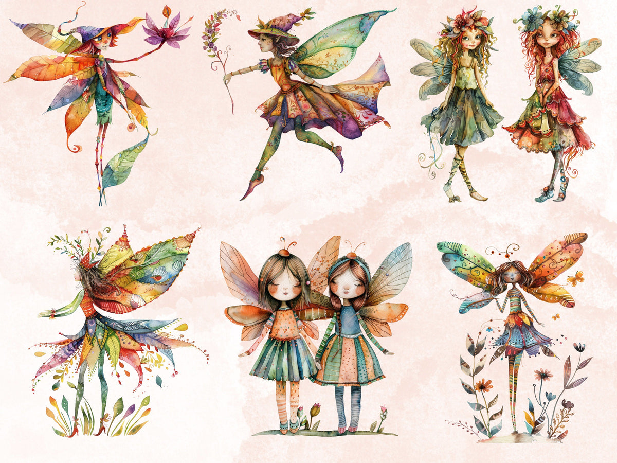 35 PNG Watercolor Quirky Fairy Bundle Clipart, Whimsical Fairy Girl Illustrations Clip art, Funny Garden Fairy png, Quirky Elf Sublimation