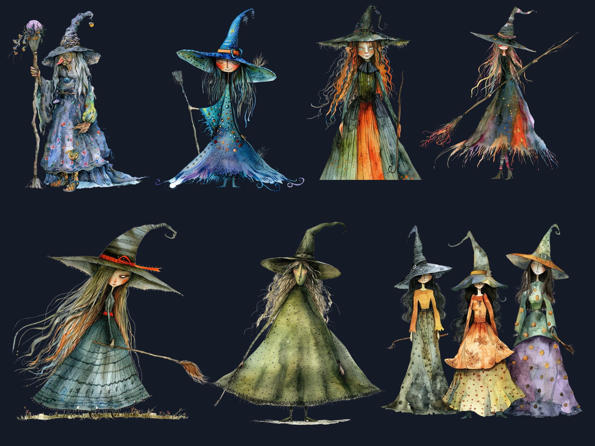35 PNG Watercolor Quirky Witch Clipart, Whimsical Witch Girls Illustrations Clip art, Funny Three Witch png, Fantasy Quirky Sublimation