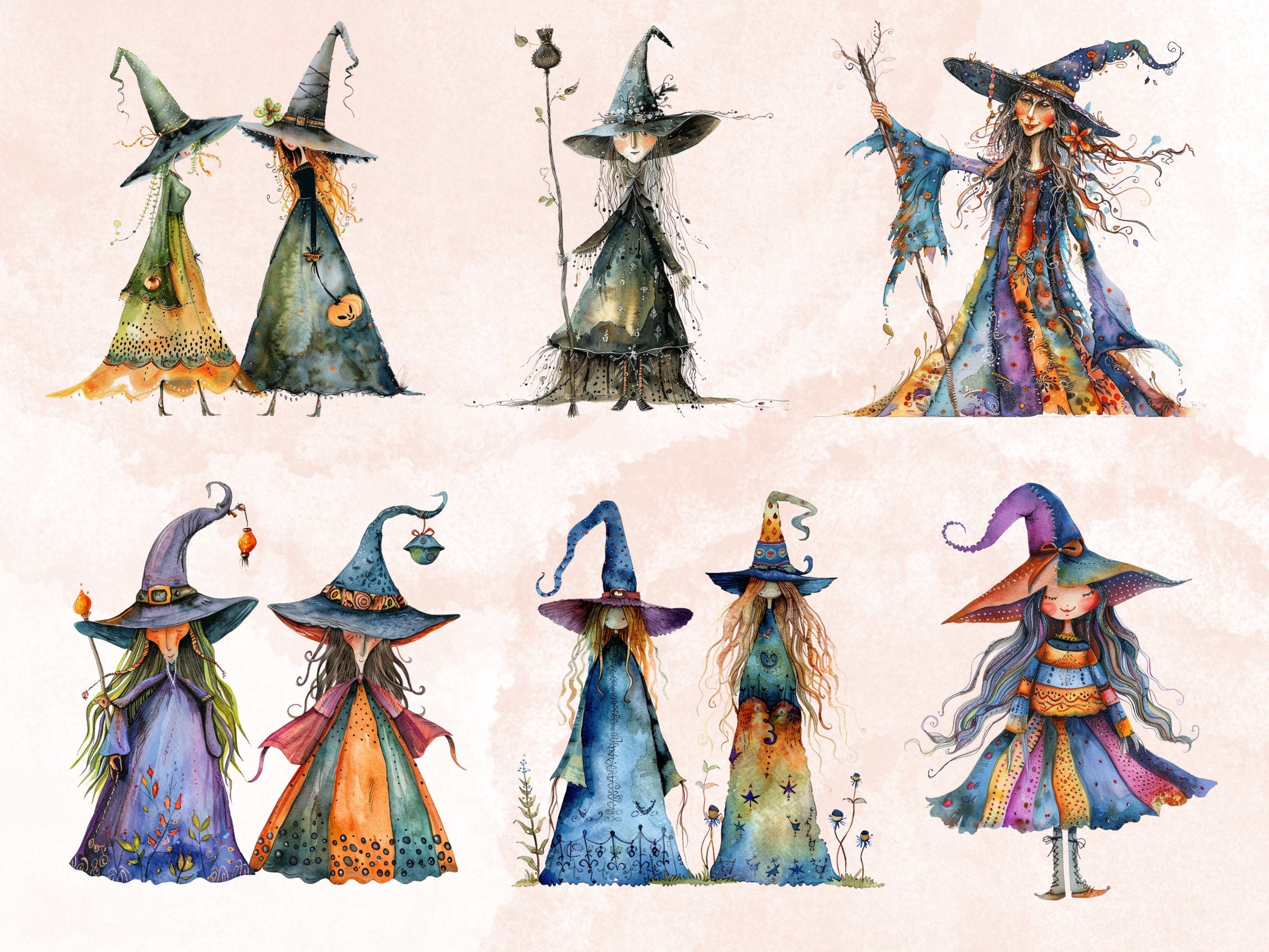 35 PNG Watercolor Quirky Witch Clipart, Whimsical Witch Girls Illustrations Clip art, Funny Three Witch png, Fantasy Quirky Sublimation