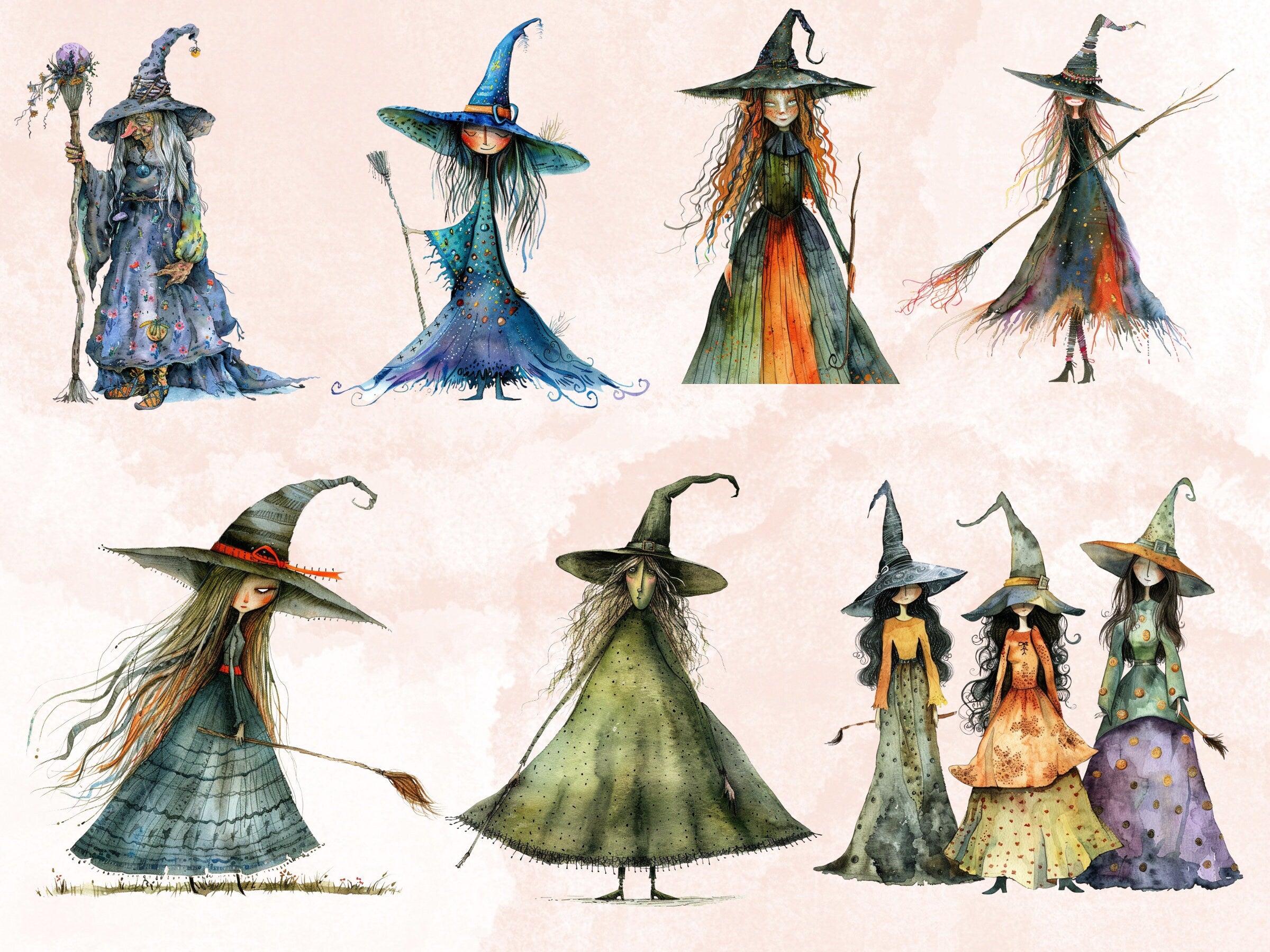 35 PNG Watercolor Quirky Witch Clipart, Whimsical Witch Girls Illustrations Clip art, Funny Three Witch png, Fantasy Quirky Sublimation