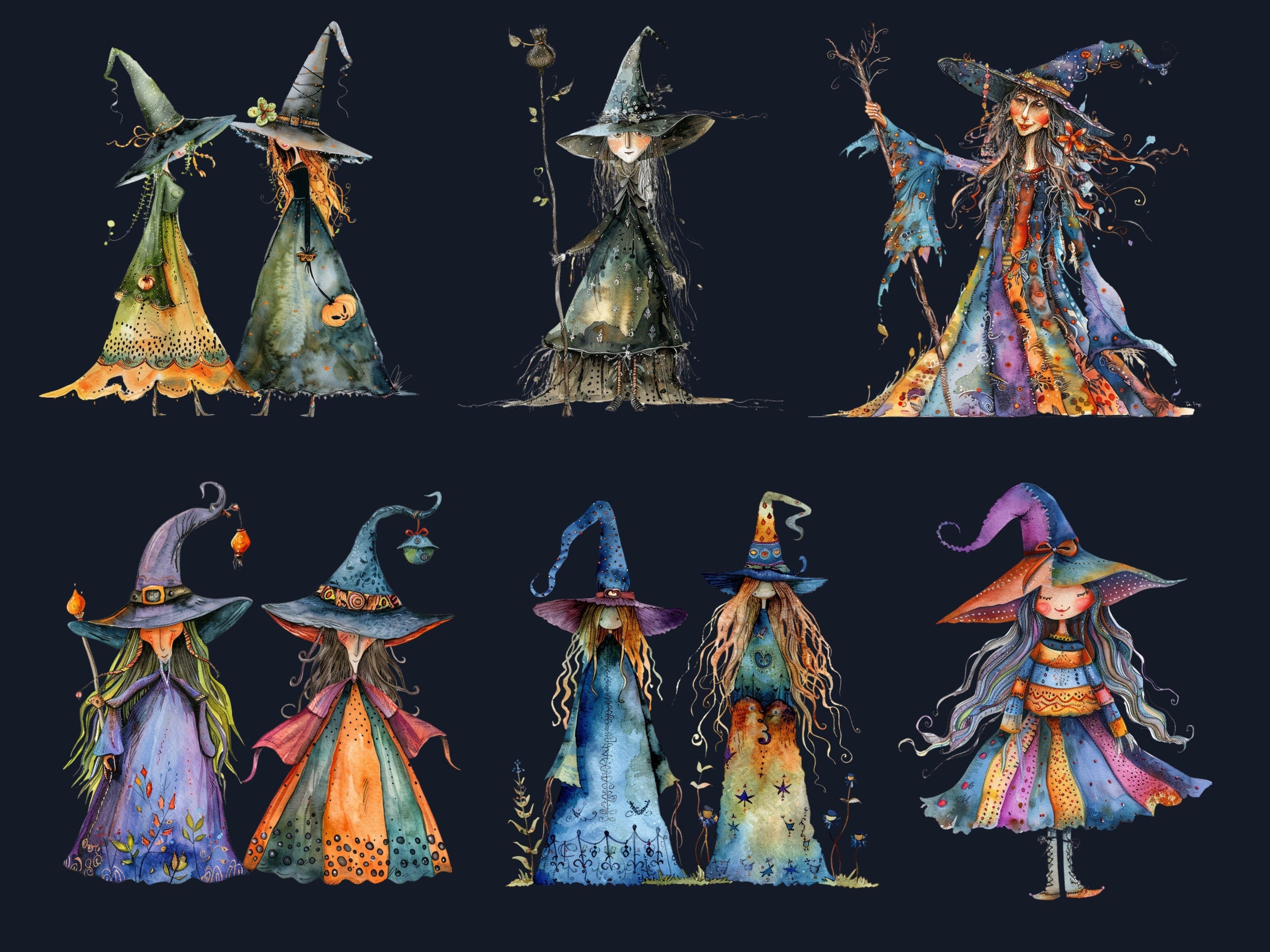35 PNG Watercolor Quirky Witch Clipart, Whimsical Witch Girls Illustrations Clip art, Funny Three Witch png, Fantasy Quirky Sublimation