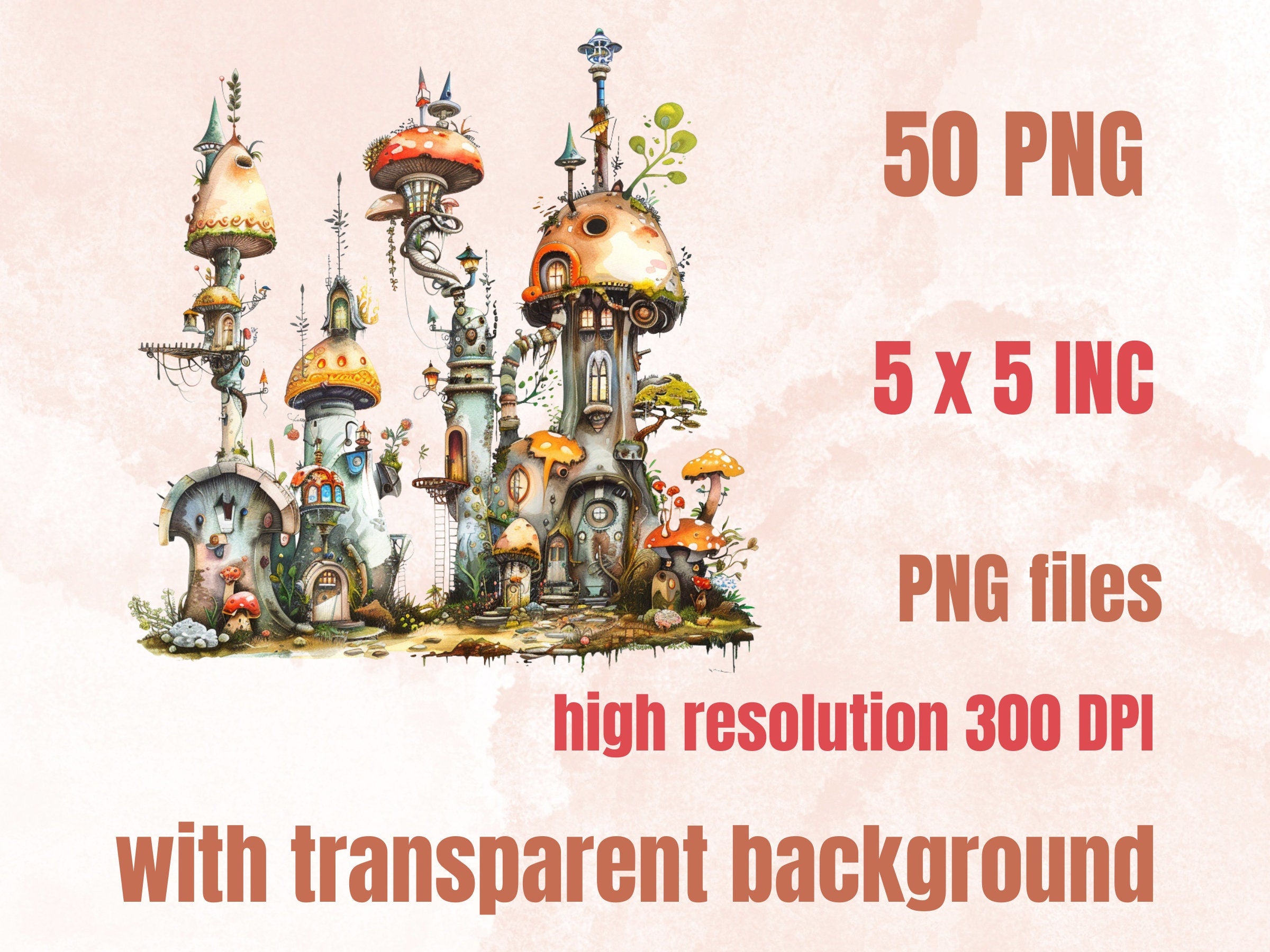 50 PNG Watercolor Quirky Steampunk Clipart, Whimsical Girl Illustrations Clip art, Funny Steampunk Bird png, Quirky Houses Sublimation