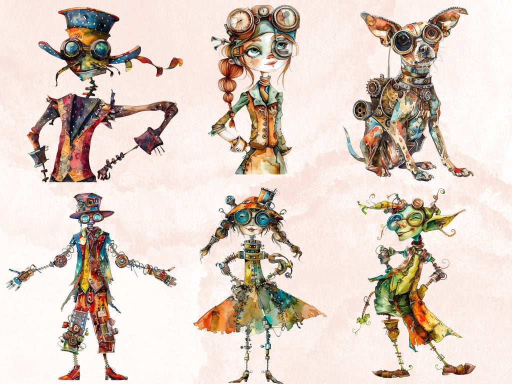 50 PNG Watercolor Quirky Steampunk Clipart, Whimsical Girl Illustrations Clip art, Funny Steampunk Bird png, Quirky Houses Sublimation
